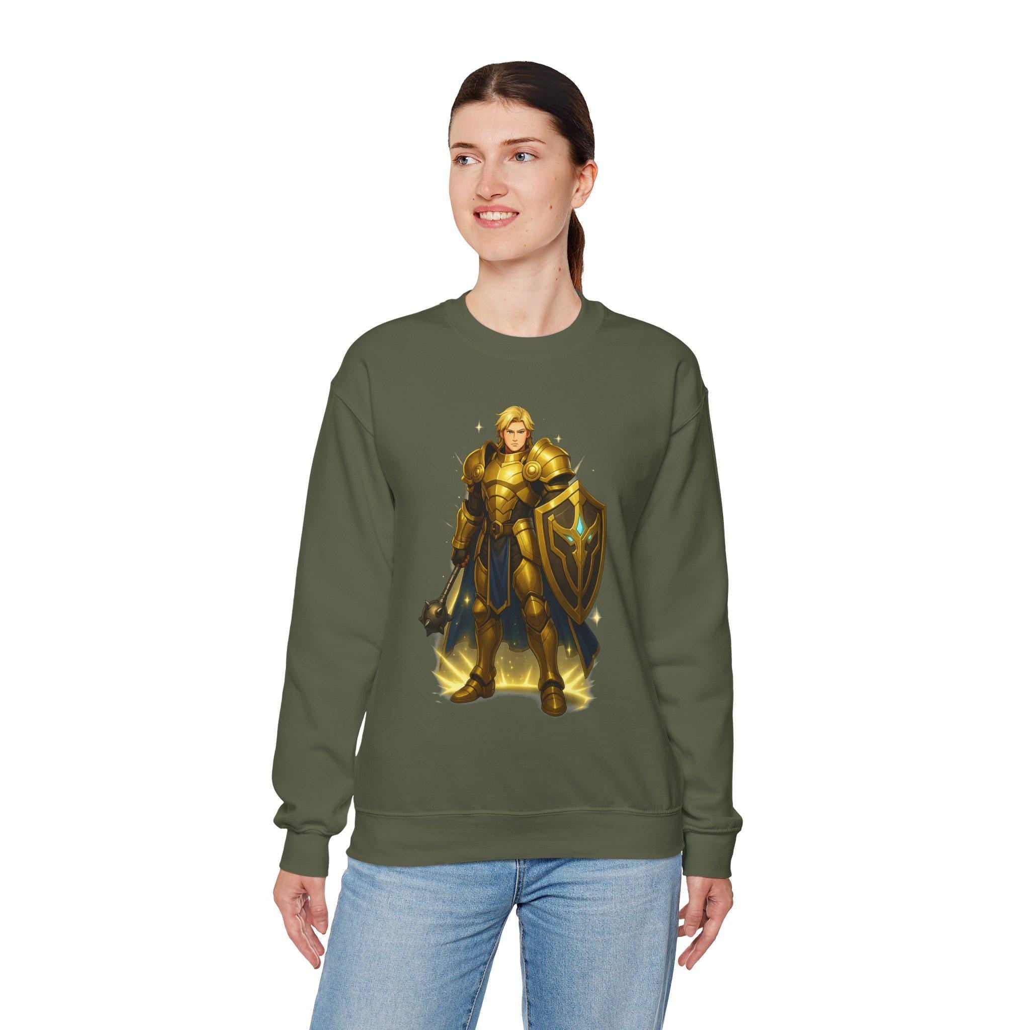 Golden Knight Anime Sweatshirt Black Castle Scene Fantasy Warrior Streetwear Gift for Anime Fans Neon Glow Gamer Apparel