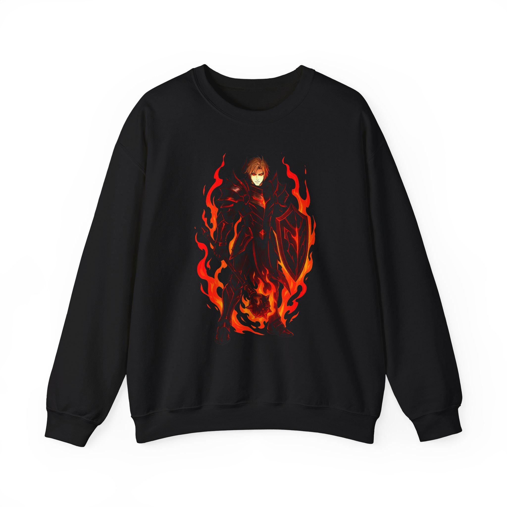 Flame Knight Anime Sweatshirt Black Spooky Castle Glow-in-Dark Fantasy Armor Gift for Gamers Otaku Streetwear Anime Apparel