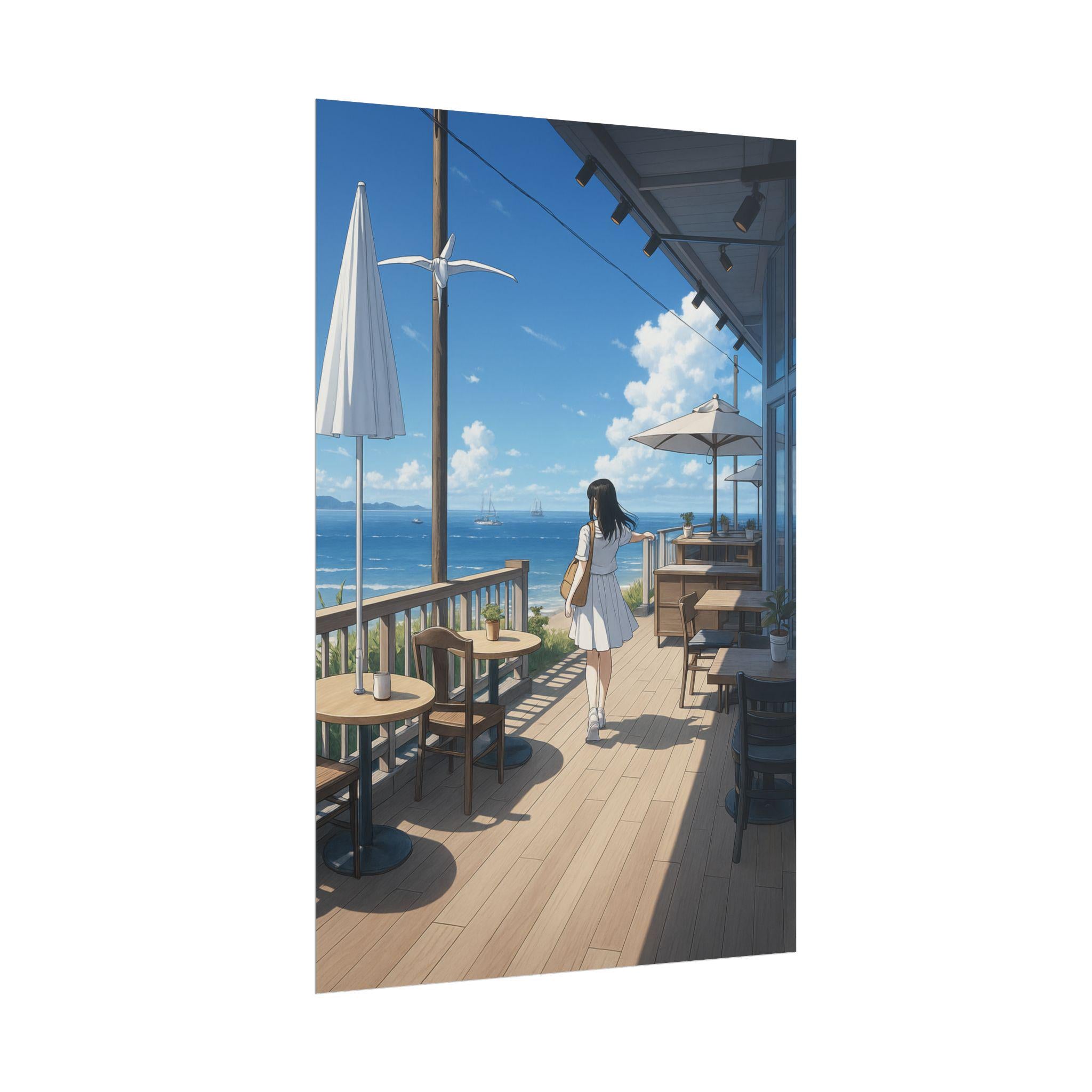 Anime Poster Girl on Seaside Café Terrace with Ocean View Wall Art