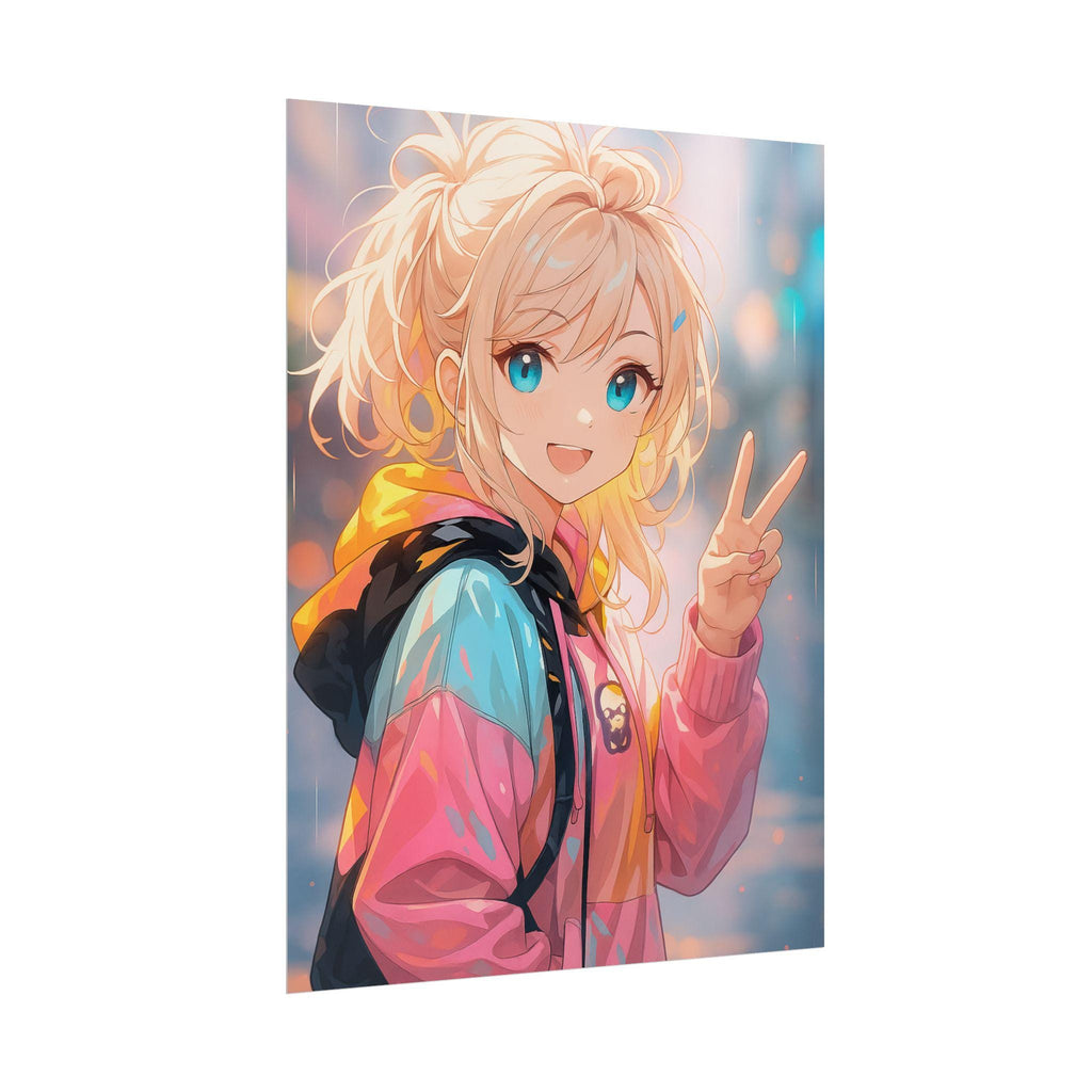 Vibrant Anime Poster Cute Blonde Girl in Colorful Hoodie with Peace Sign Wall Art
