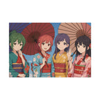 Vibrant Anime Wall Art Girls in Kimono with Parasols Japanese Festival Art Print