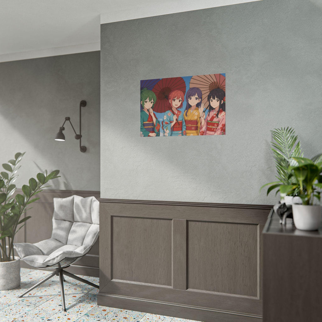 Vibrant Anime Wall Art Girls in Kimono with Parasols Japanese Festival Art Print