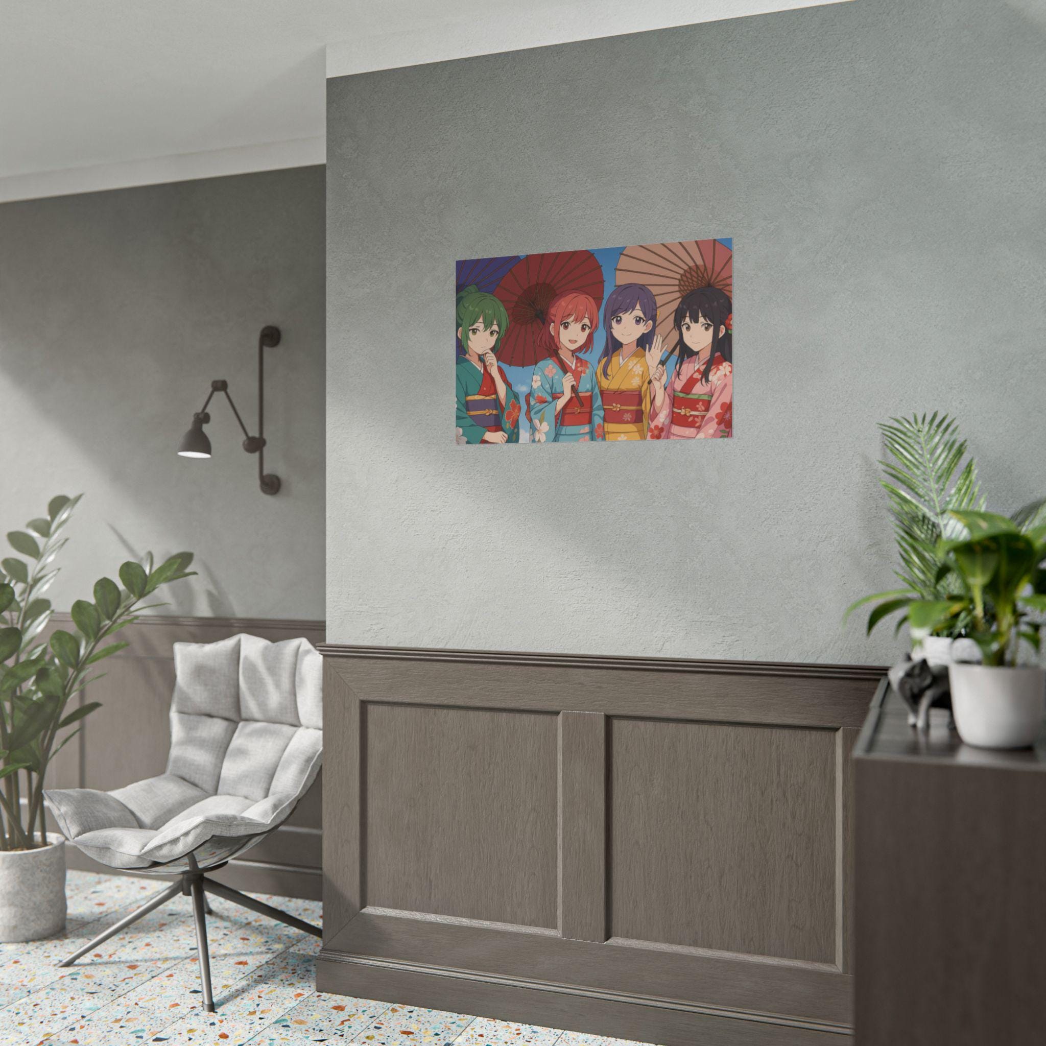 Vibrant Anime Wall Art Girls in Kimono with Parasols Japanese Festival Art Print