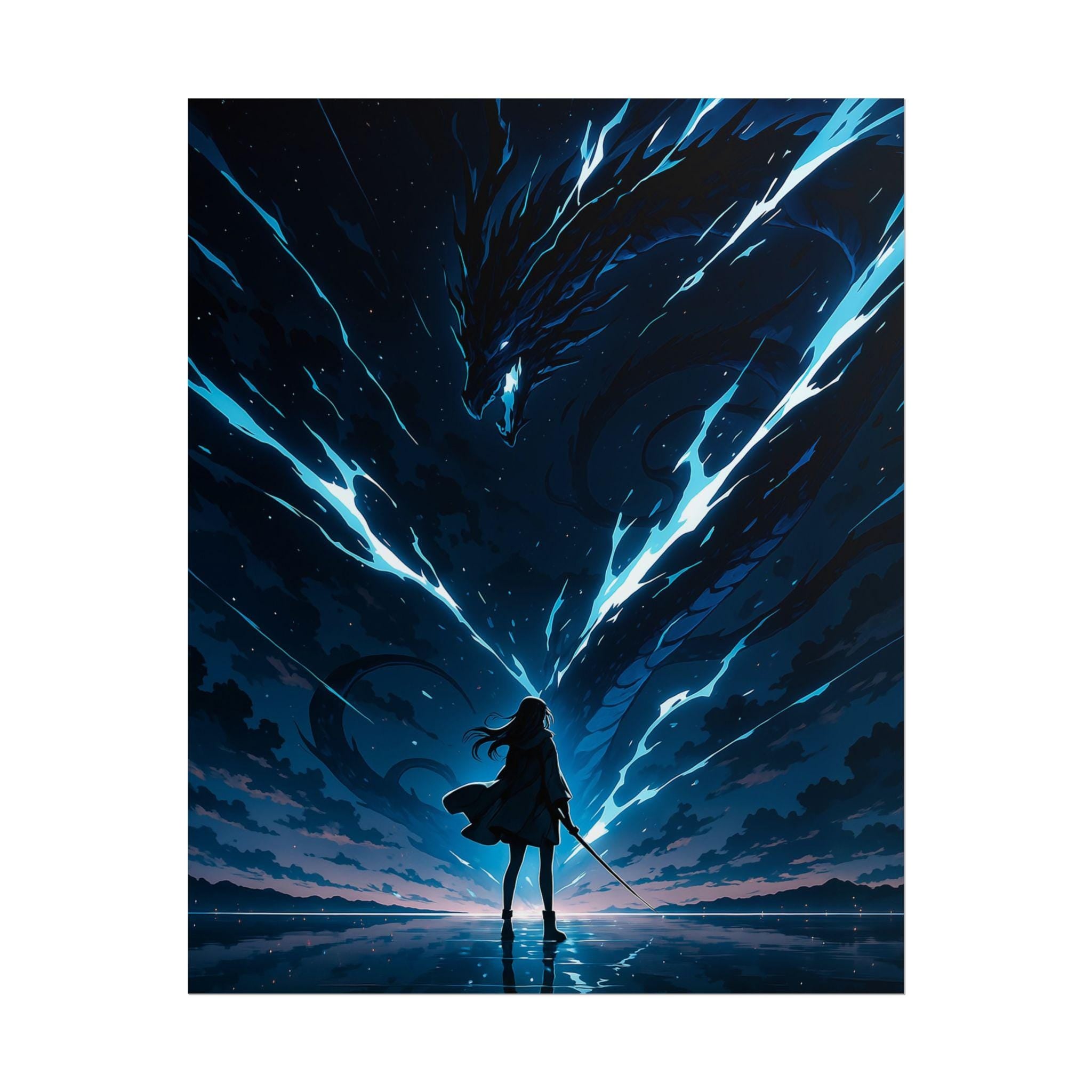 Epic Anime Poster Warrior Summoning Dragon with Lightning in Night Sky