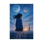 Anime Poster Girl Watching Planets Over Futuristic City at Sunset