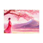 Anime Wall Art Woman in Kimono Under Cherry Blossoms with Mountain View