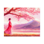 Anime Wall Art Woman in Kimono Under Cherry Blossoms with Mountain View