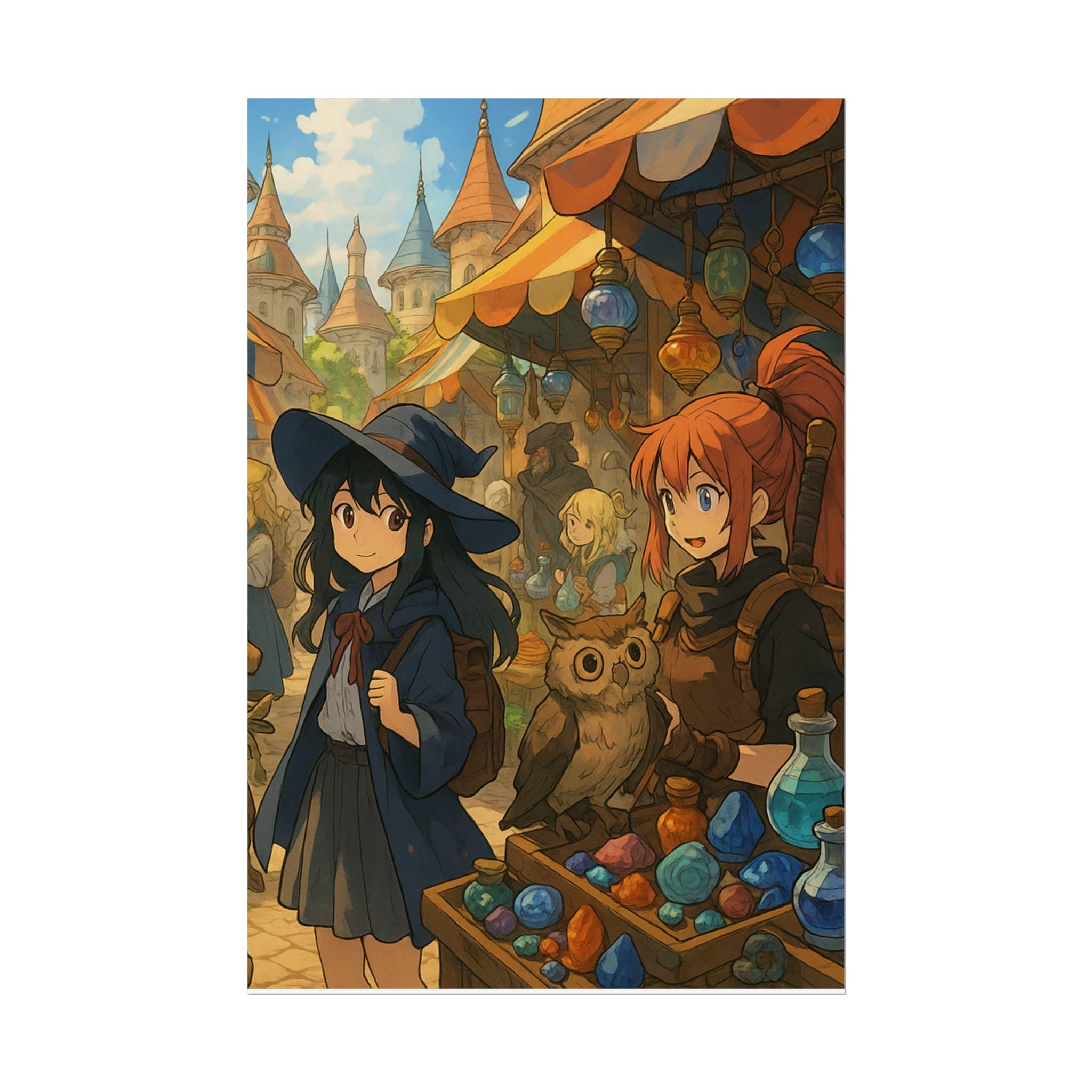 Enchanted Anime Market Poster: Witch & Owl Fantasy Art Print
