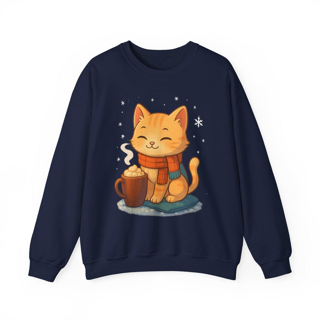 Cozy Winter Cat Sweatshirt | Anime Orange Tabby on Sand Crewneck | Hot Cocoa & Snowflakes Graphic | Gift for Cat and Anime Lovers