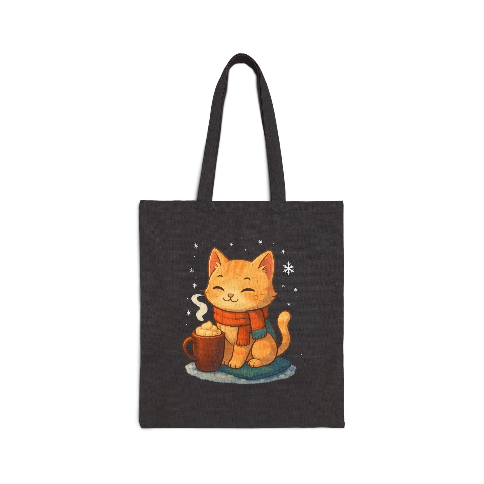 Cozy Cat Cocoa Tote Bag,  Cute Anime Orange Tabby with Hot Cocoa & Snowflakes