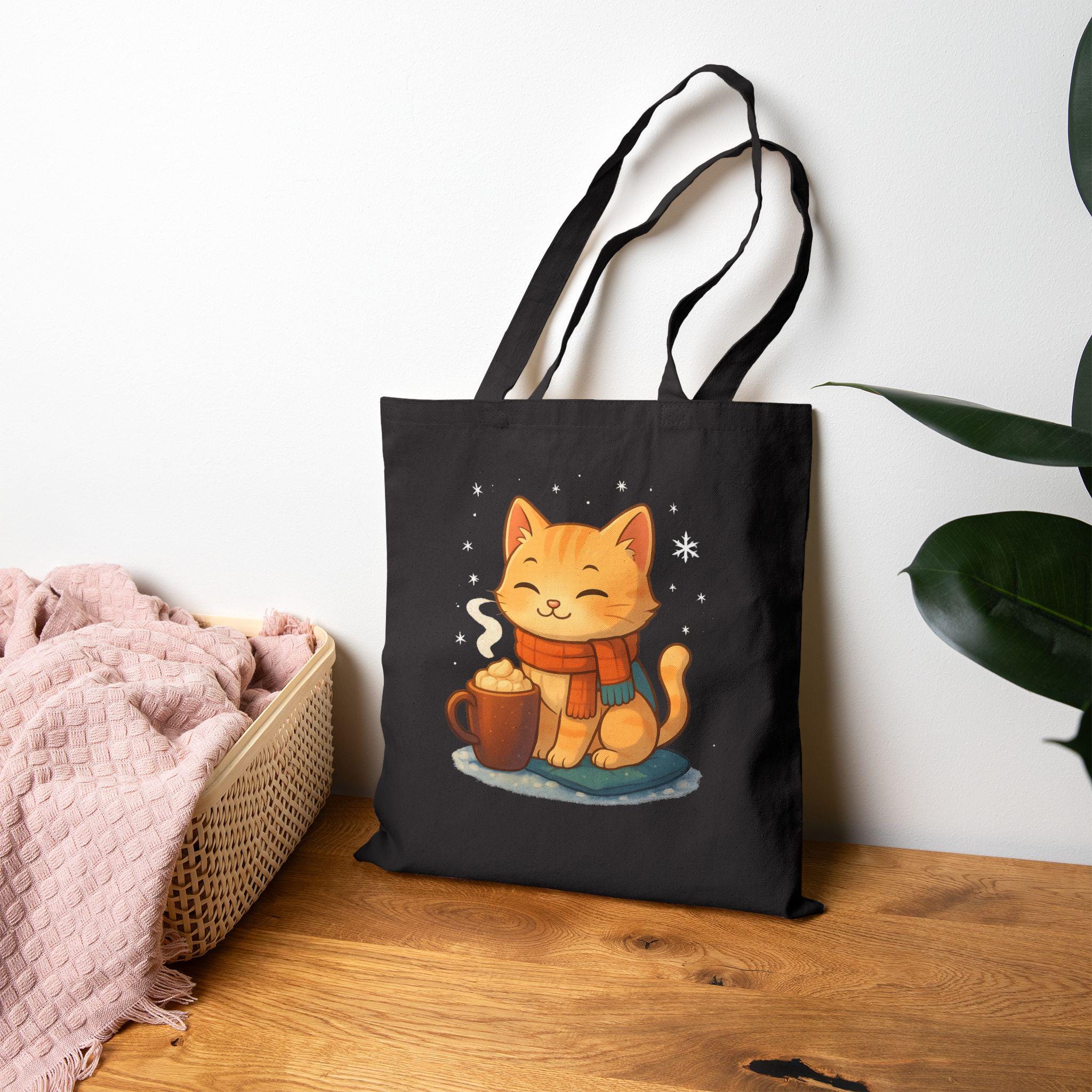 Cozy Cat Cocoa Tote Bag,  Cute Anime Orange Tabby with Hot Cocoa & Snowflakes
