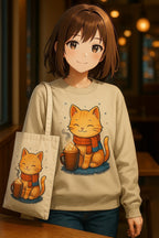 Cozy Cat Cocoa Tote Bag,  Cute Anime Orange Tabby with Hot Cocoa & Snowflakes