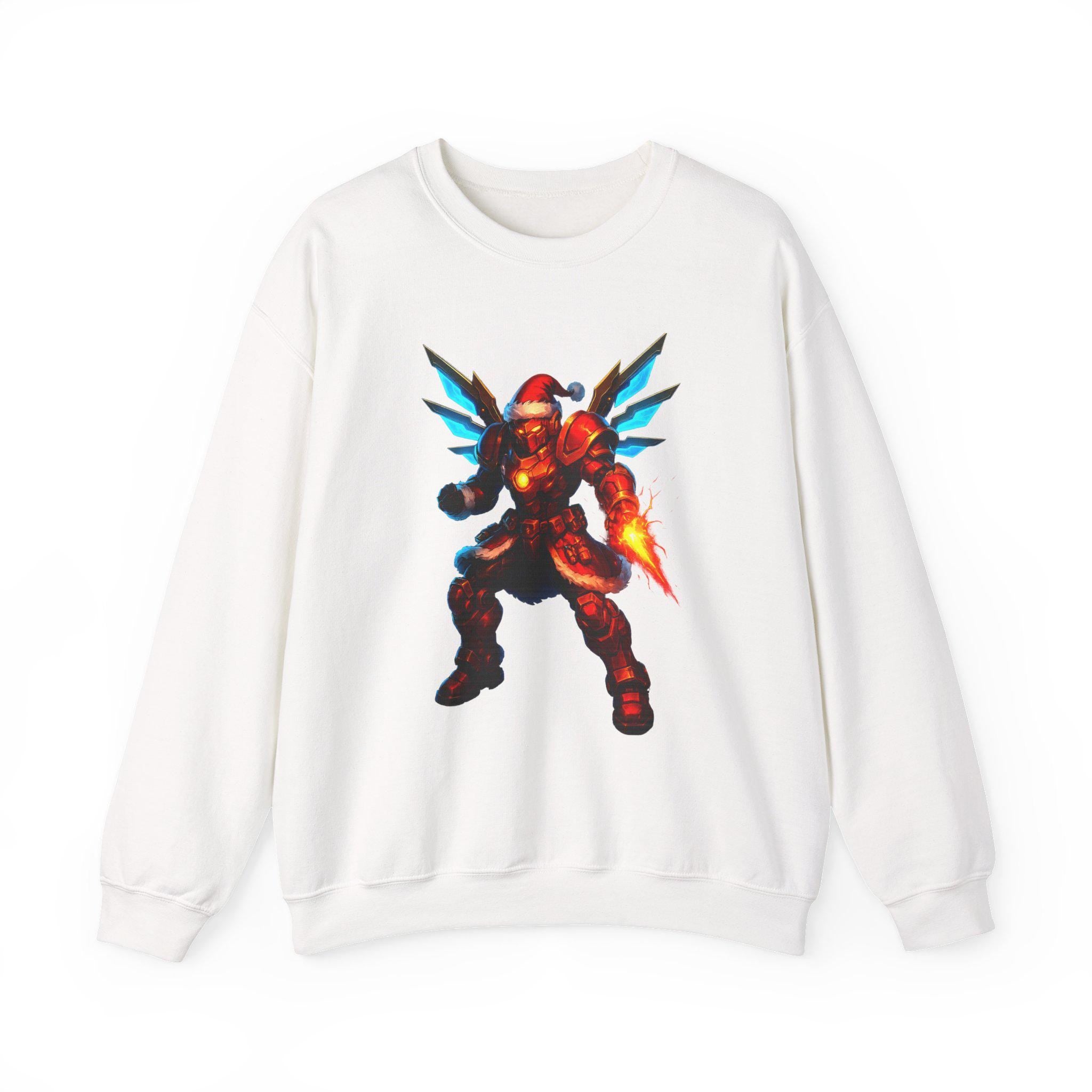 Anime Cyber Santa Sweatshirt Neon Warrior Christmas Hoodie Futuristic Fire Armor Gift for Gamers and Anime Fans