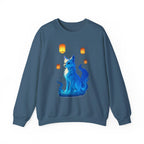 Blue Spirit Fox Sweatshirt Anime Fantasy Gift Cozy Lantern Night Sky Apparel for Anime Lovers and Gamers