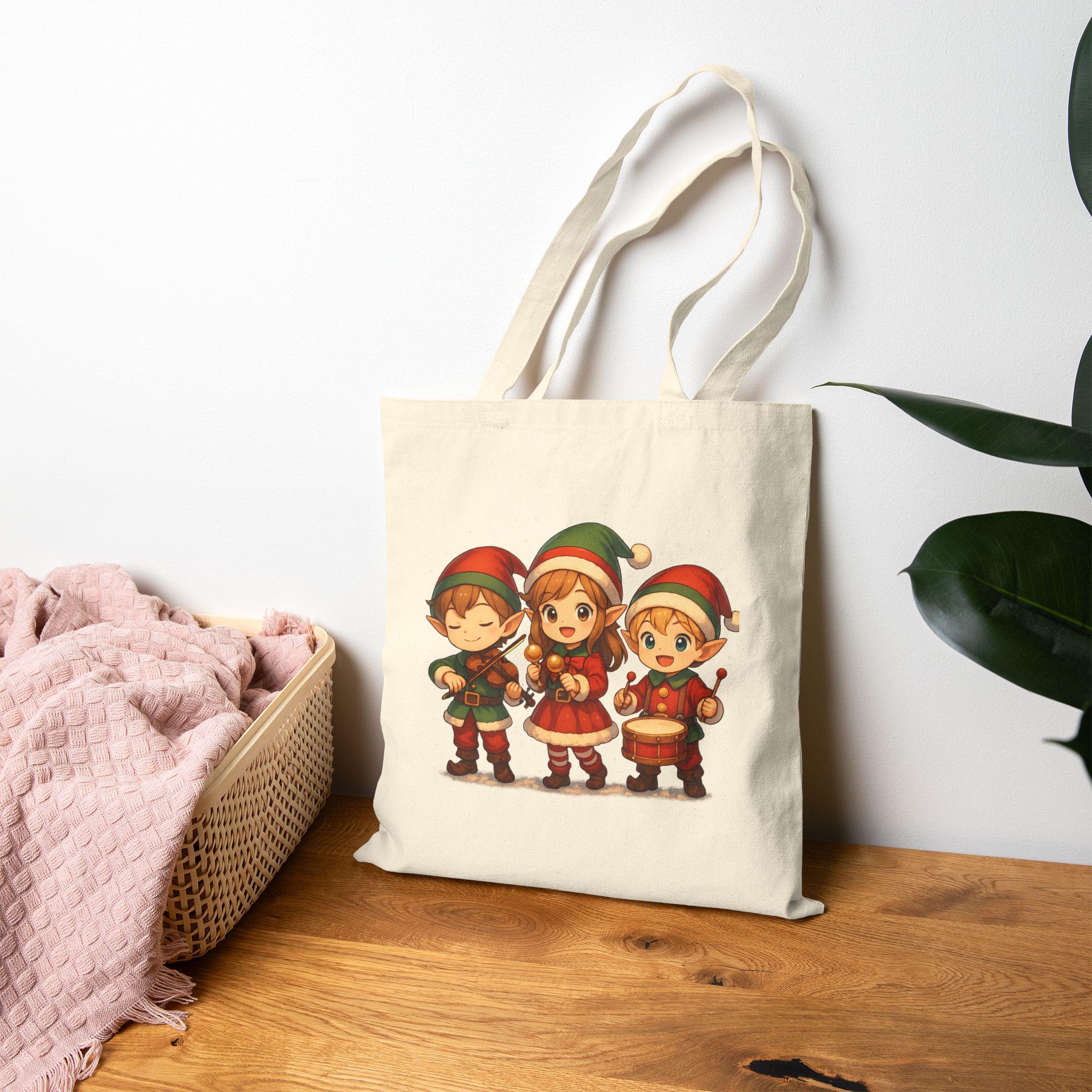 Anime Christmas Elf Band Tote Bag Holiday Gift Cute Anime Winter Accessory for Music Lovers and Holiday Shoppers