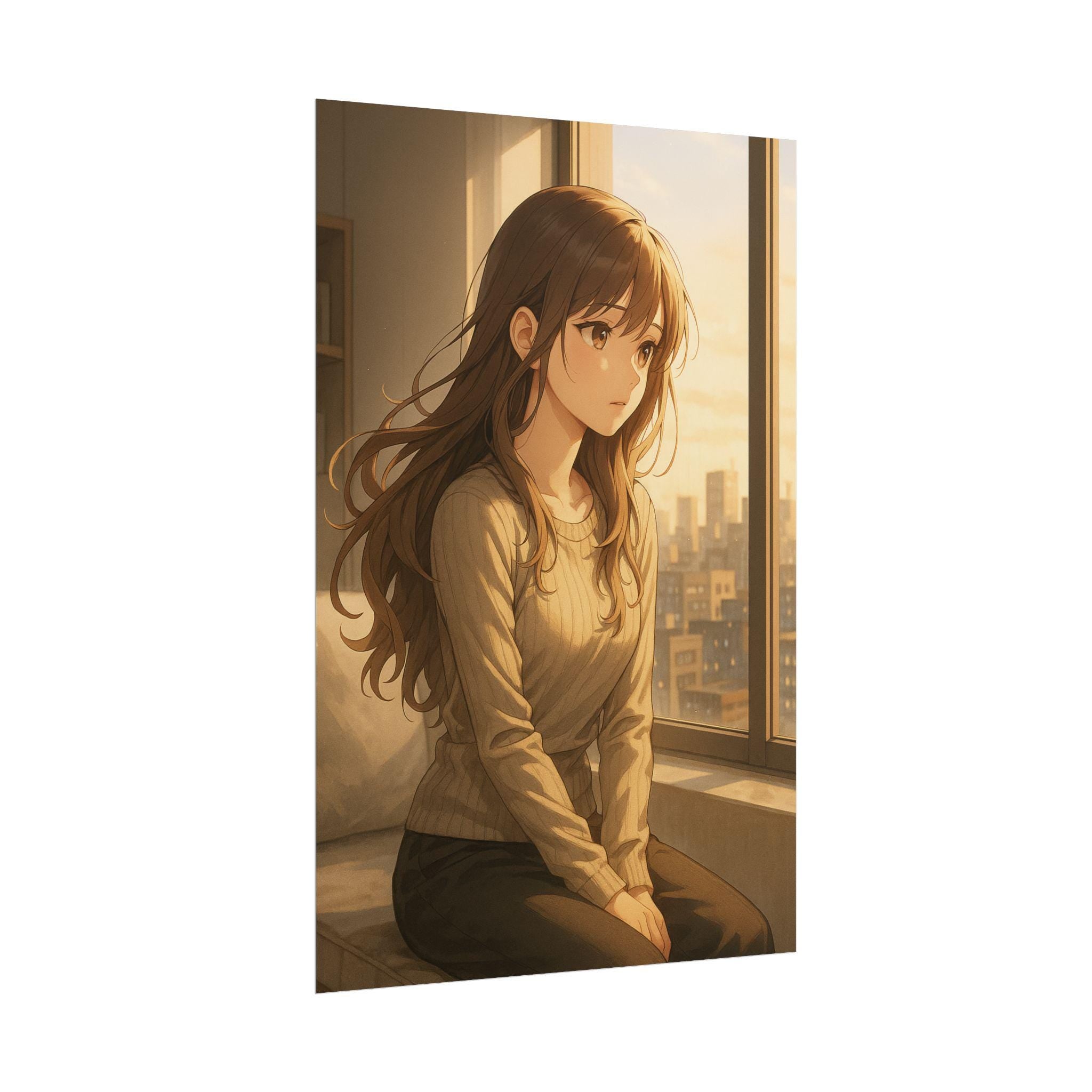 Anime Girl Sunset Wall Art Poster, Japanese Style Aesthetic Home Decor, City View Print, Cozy Room Art Gift Idea, Urban Anime Bedroom Decor