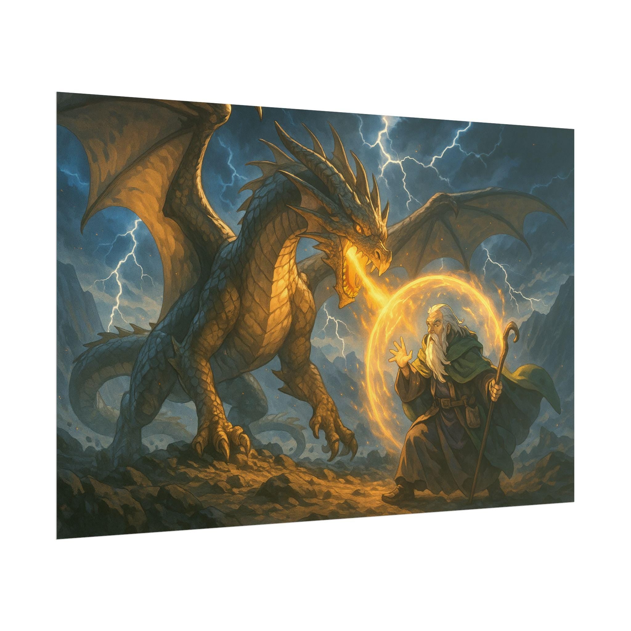 Anime Fantasy Dragon and Wizard Art Print: Gamer Gift