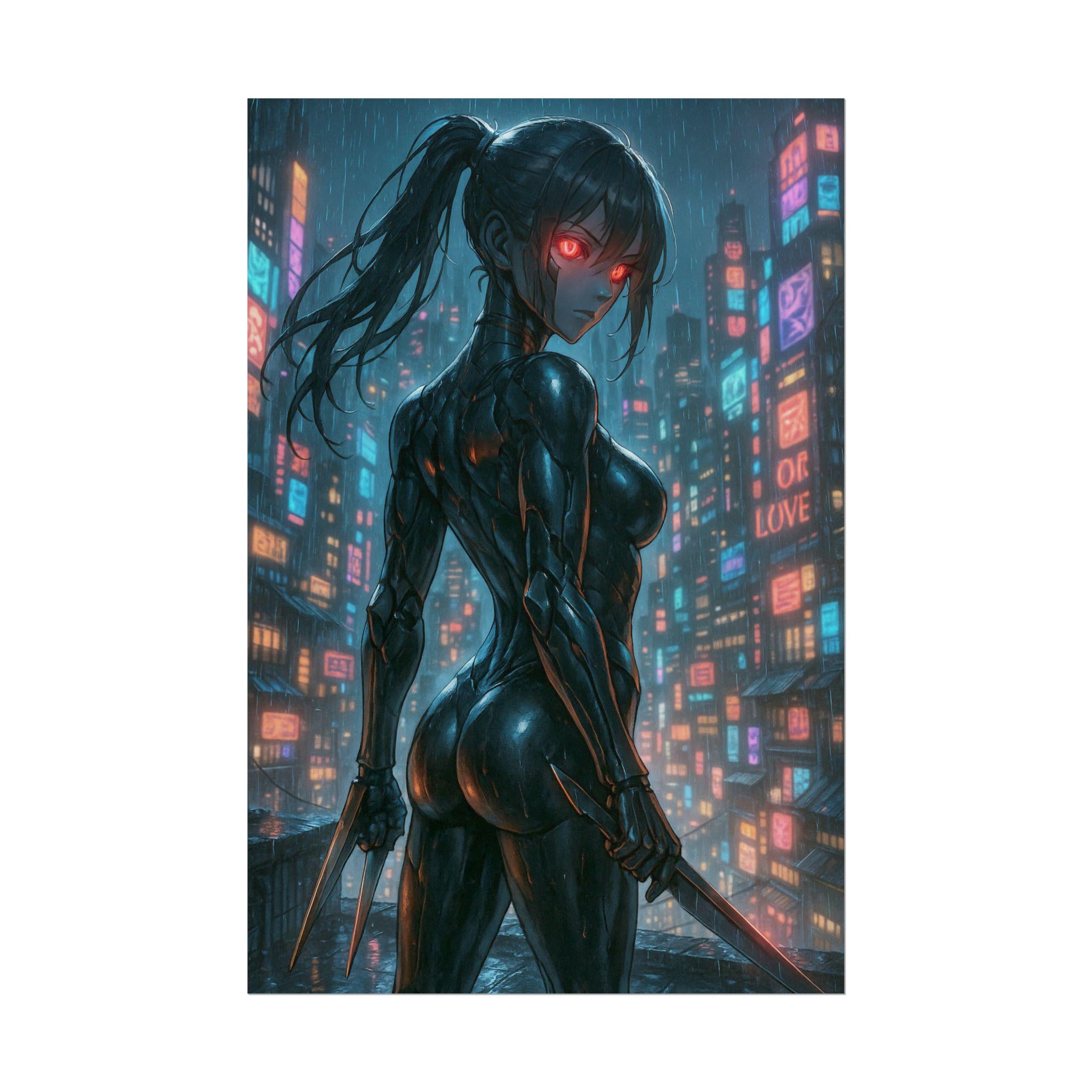 Anime Ninja Girl Poster: Vintage Cyberpunk Art Print