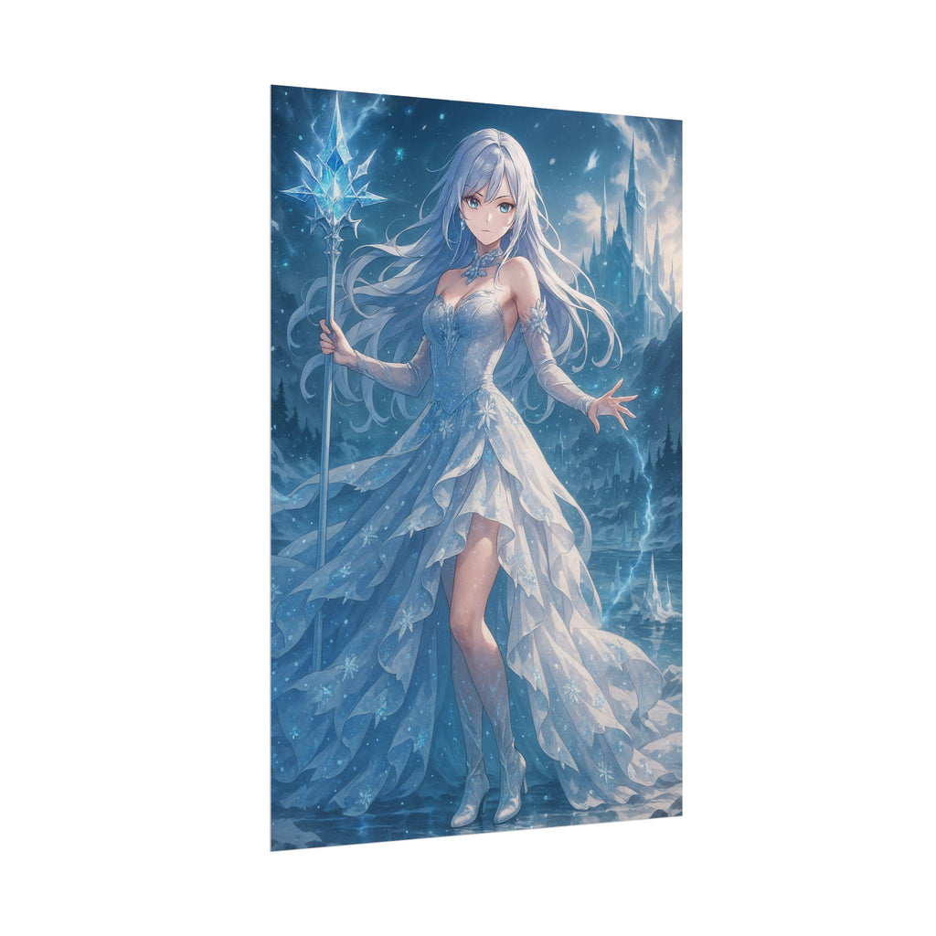 Anime Ice Sorceress Poster Fantasy Snow Queen Wall Art Magical Winter Artwork Enchanted Crystal Staff Print for Otaku and Gamer Decor
