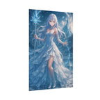 Anime Ice Sorceress Poster Fantasy Snow Queen Wall Art Magical Winter Artwork Enchanted Crystal Staff Print for Otaku and Gamer Decor