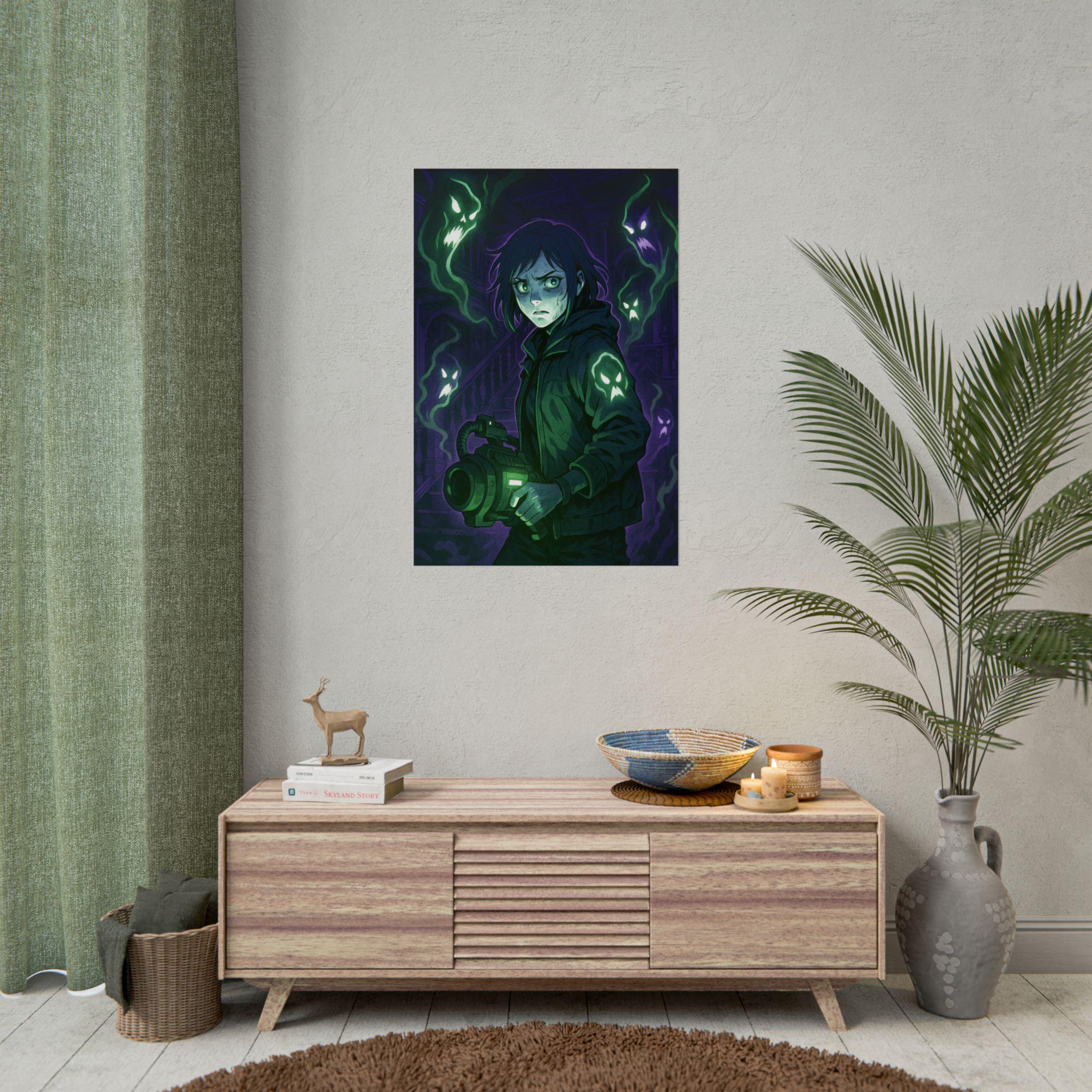 Spooky Anime Ghost Hunter Art Print: Halloween Wall Decor