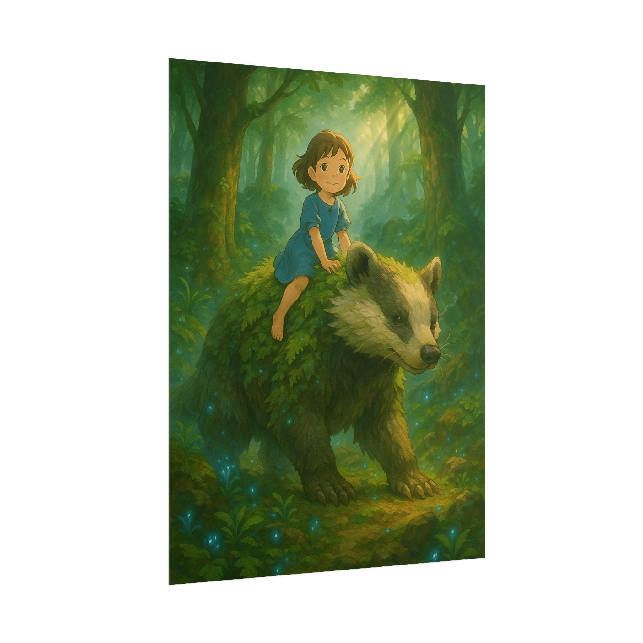 Whimsical Anime Forest Poster: Girl and Badger Art Print