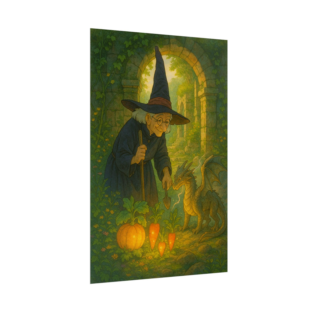 Whimsical Witch and Dragon Art Poster: Fairy Tale Decor