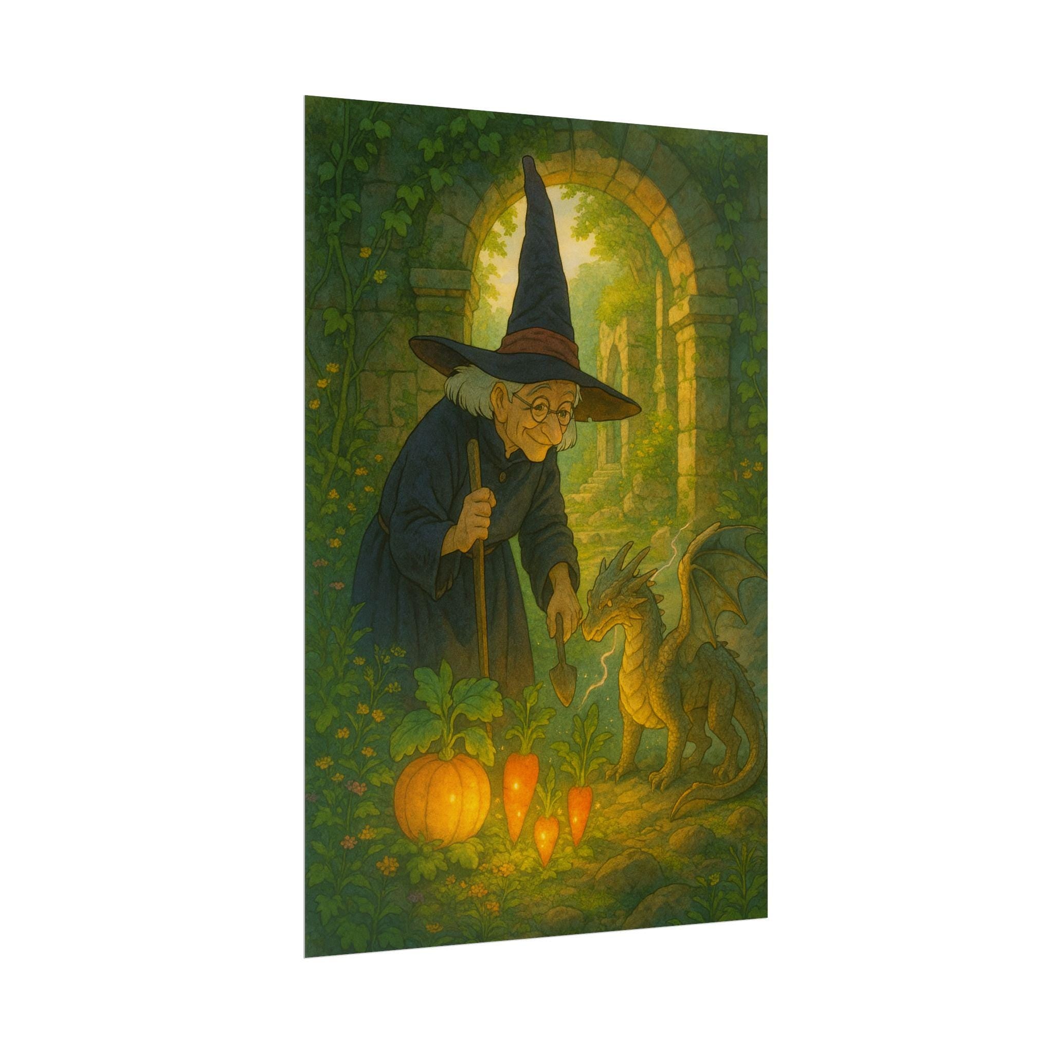 Whimsical Witch and Dragon Art Poster: Fairy Tale Decor