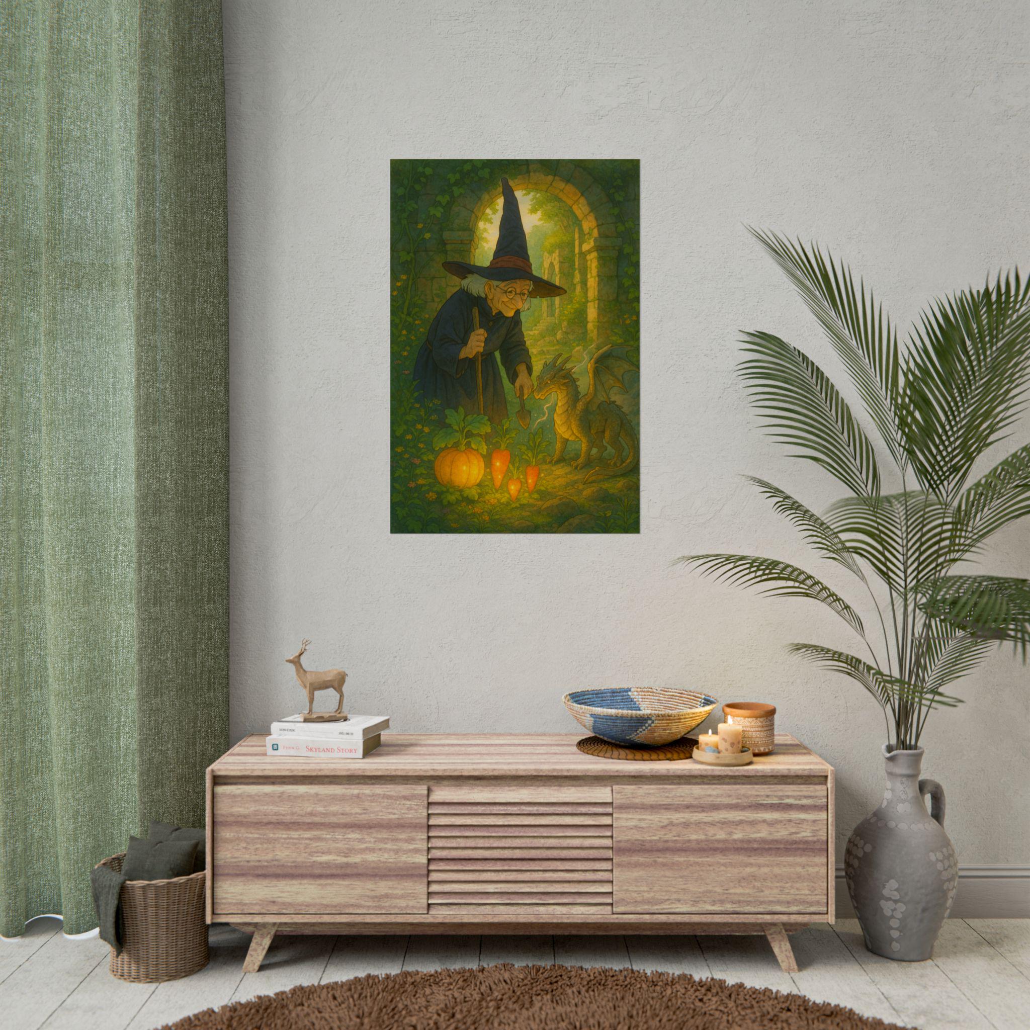 Whimsical Witch and Dragon Art Poster: Fairy Tale Decor