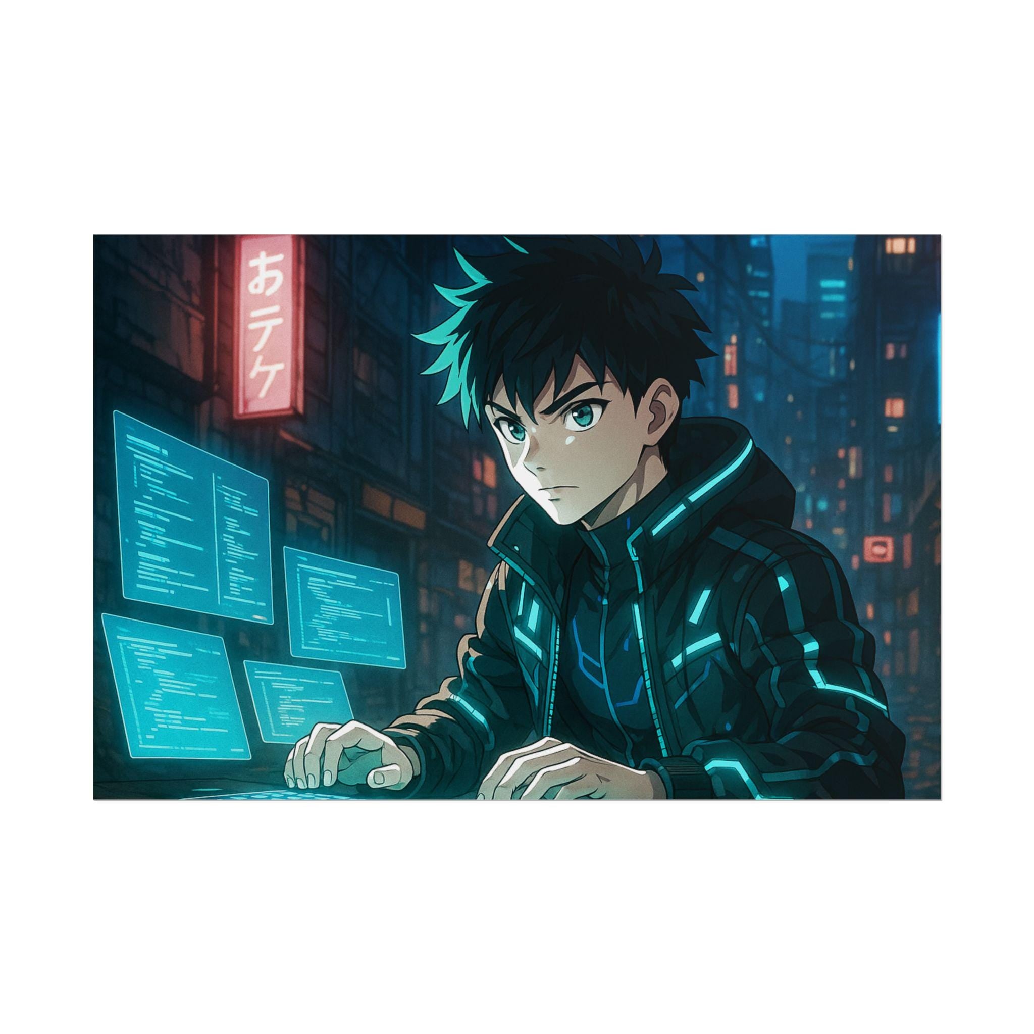 Cyberpunk Anime Hacker Wall Art: Neon City Sci-Fi Wall Art