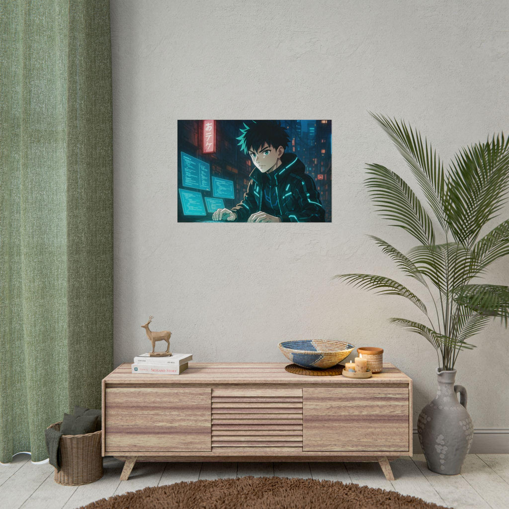 Cyberpunk Anime Hacker Wall Art: Neon City Sci-Fi Wall Art