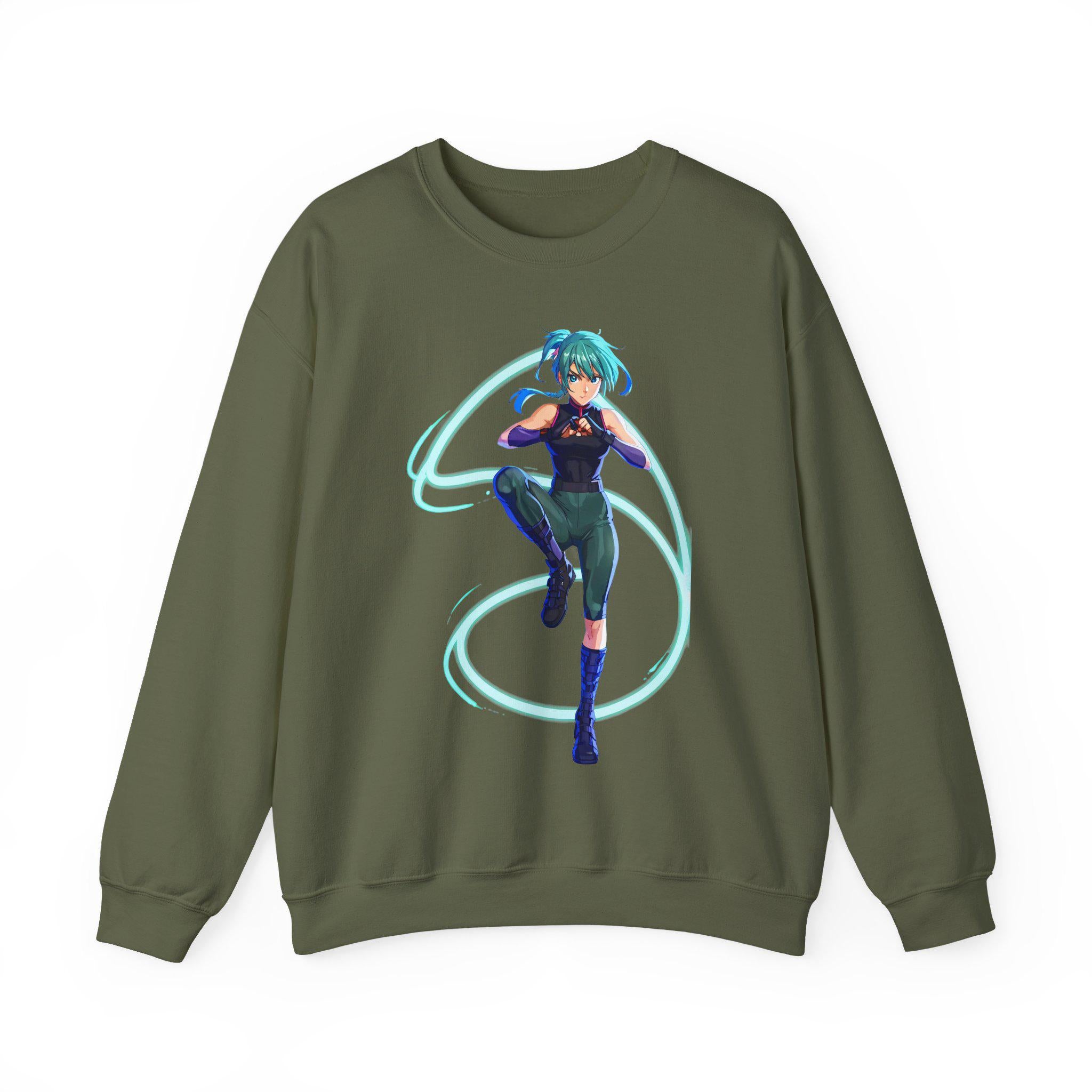 Neon Anime Girl Sweatshirt Cyber Energy Glow Streetwear Futuristic Gift for Gamers and Anime Fans