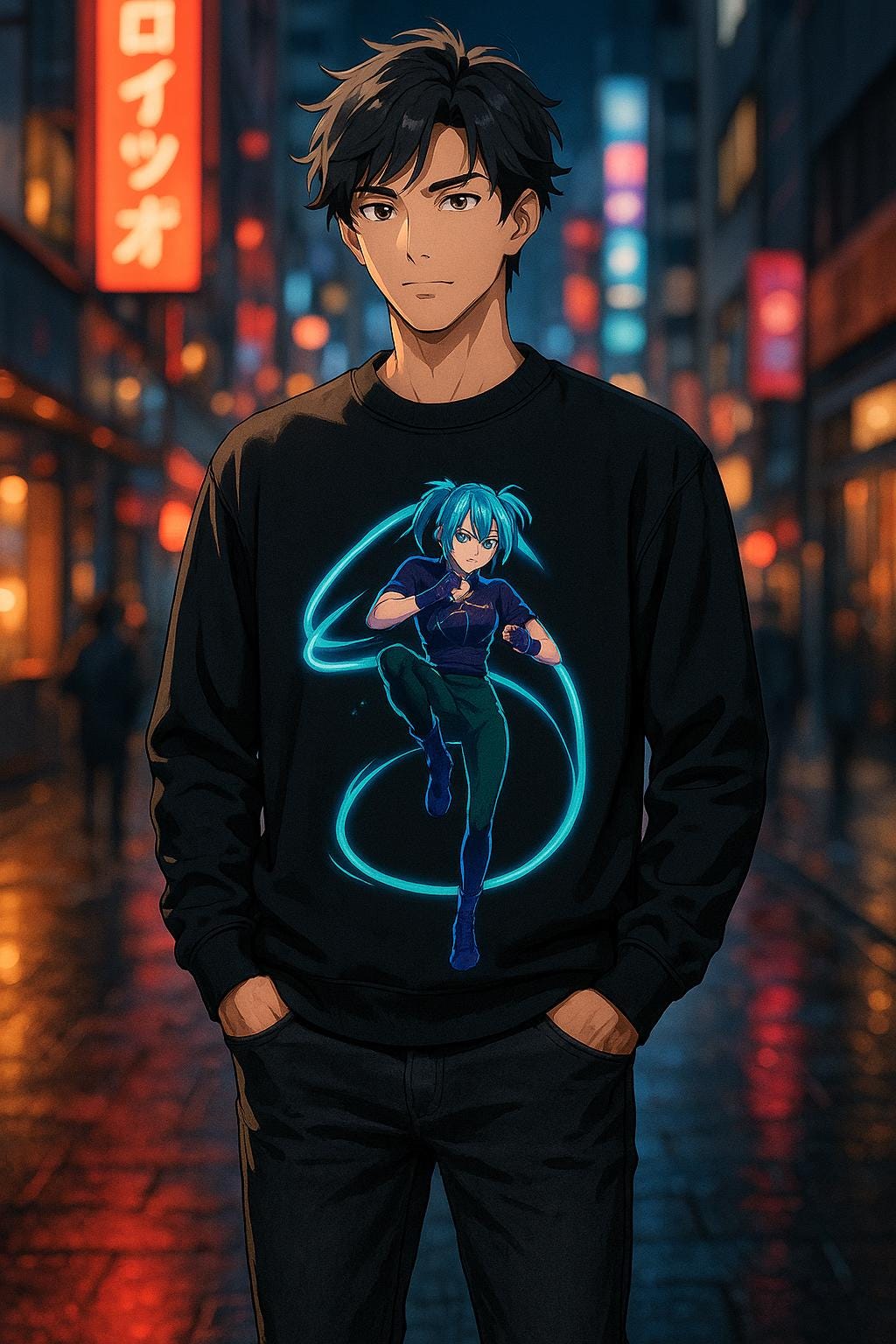 Neon Anime Girl Sweatshirt Cyber Energy Glow Streetwear Futuristic Gift for Gamers and Anime Fans