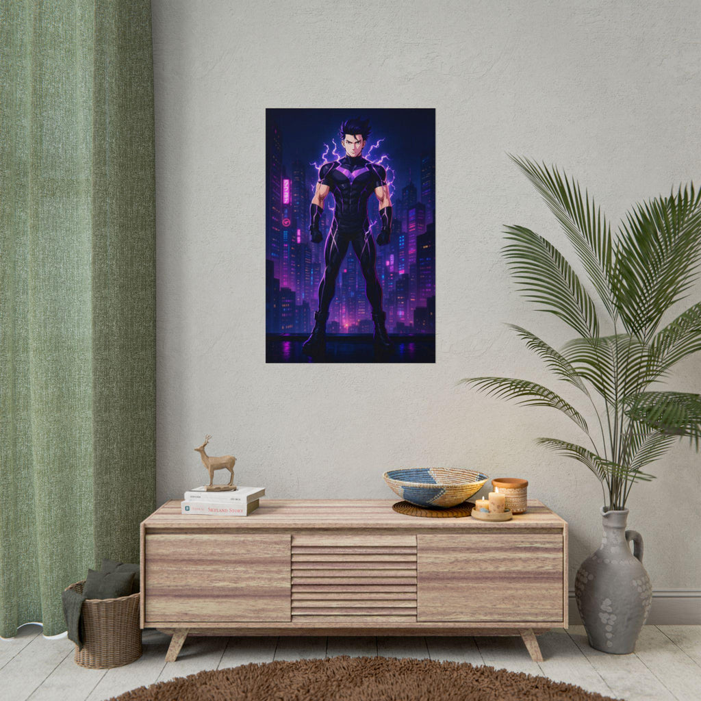 Cyberpunk Lightning Hero Poster Neon Glow Wall Art Futuristic Anime Print Gift for Gamers and Sci-Fi Fans