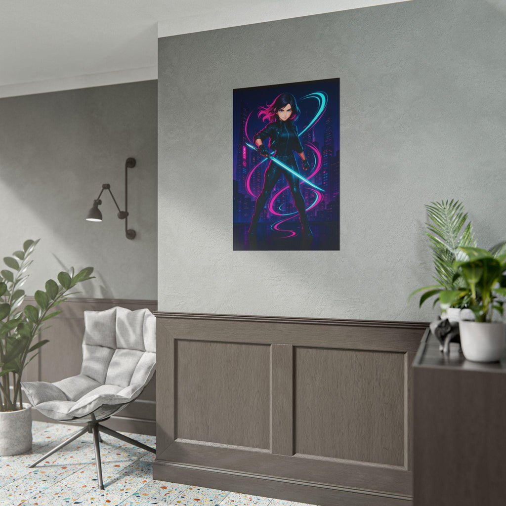 Cyberpunk Anime Girl Poster Neon City Blade Wall Art Futuristic Samurai Aesthetic Print for Gamers and Anime Lovers