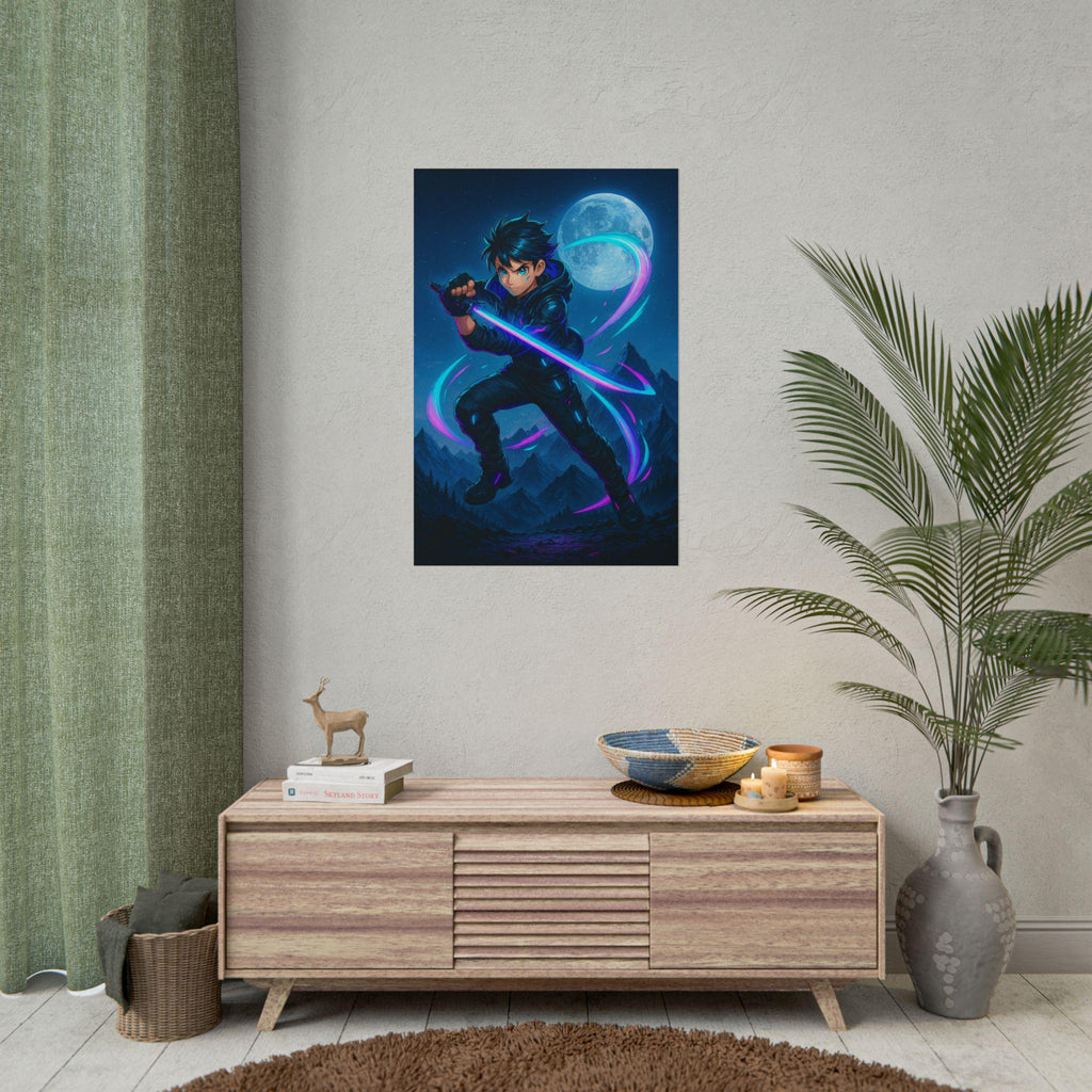 Anime Ninja Poster Cyber Samurai Glow Sword Neon Moon Night Scene Wall Art for Gamers Teens Bedroom Decor Gift for Anime Fans