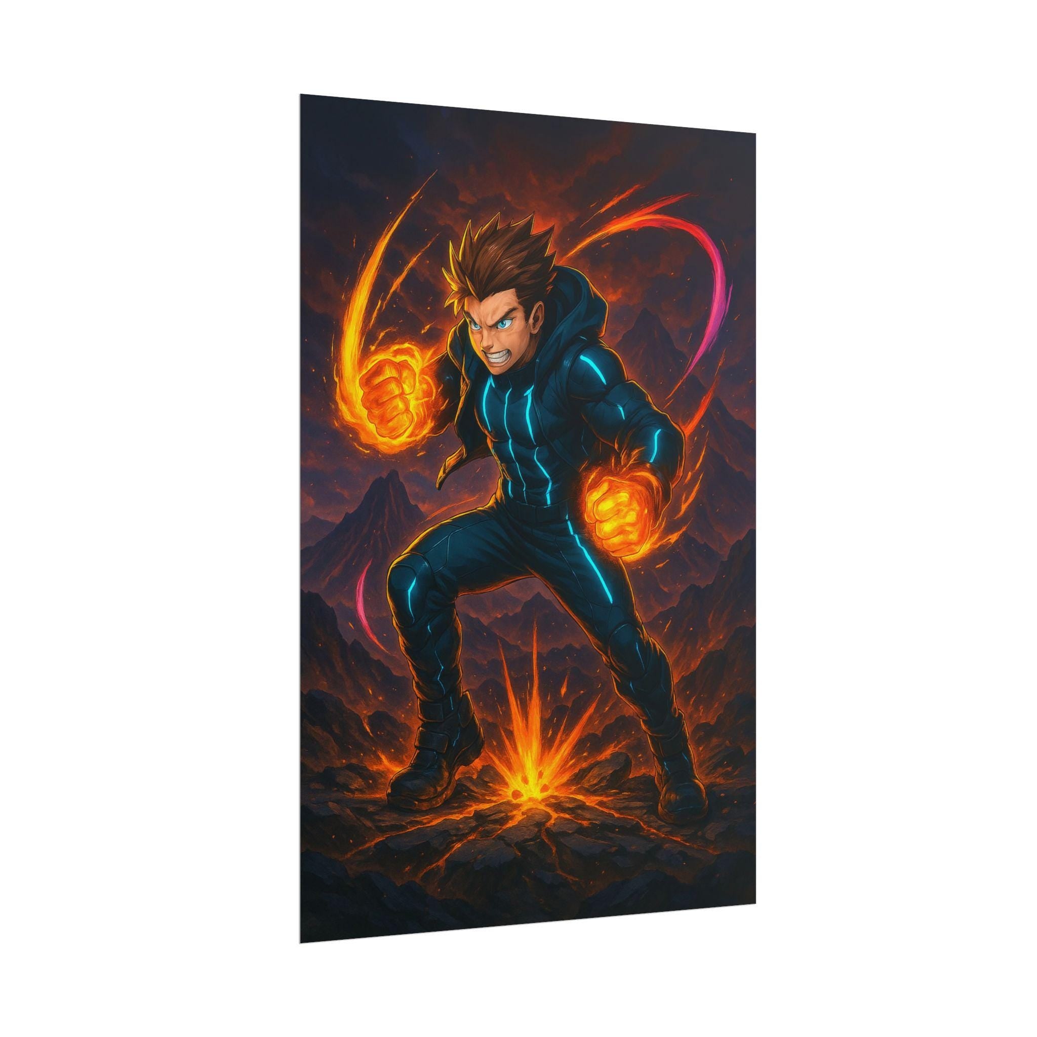 Anime Fire Power Poster Neon Glow Wall Art Futuristic Warrior Print Gift for Gamers and Anime Lovers