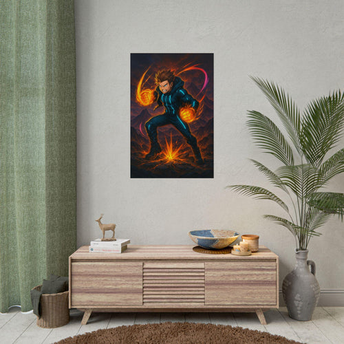 Anime Fire Power Poster Neon Glow Wall Art Futuristic Warrior Print Gift for Gamers and Anime Lovers