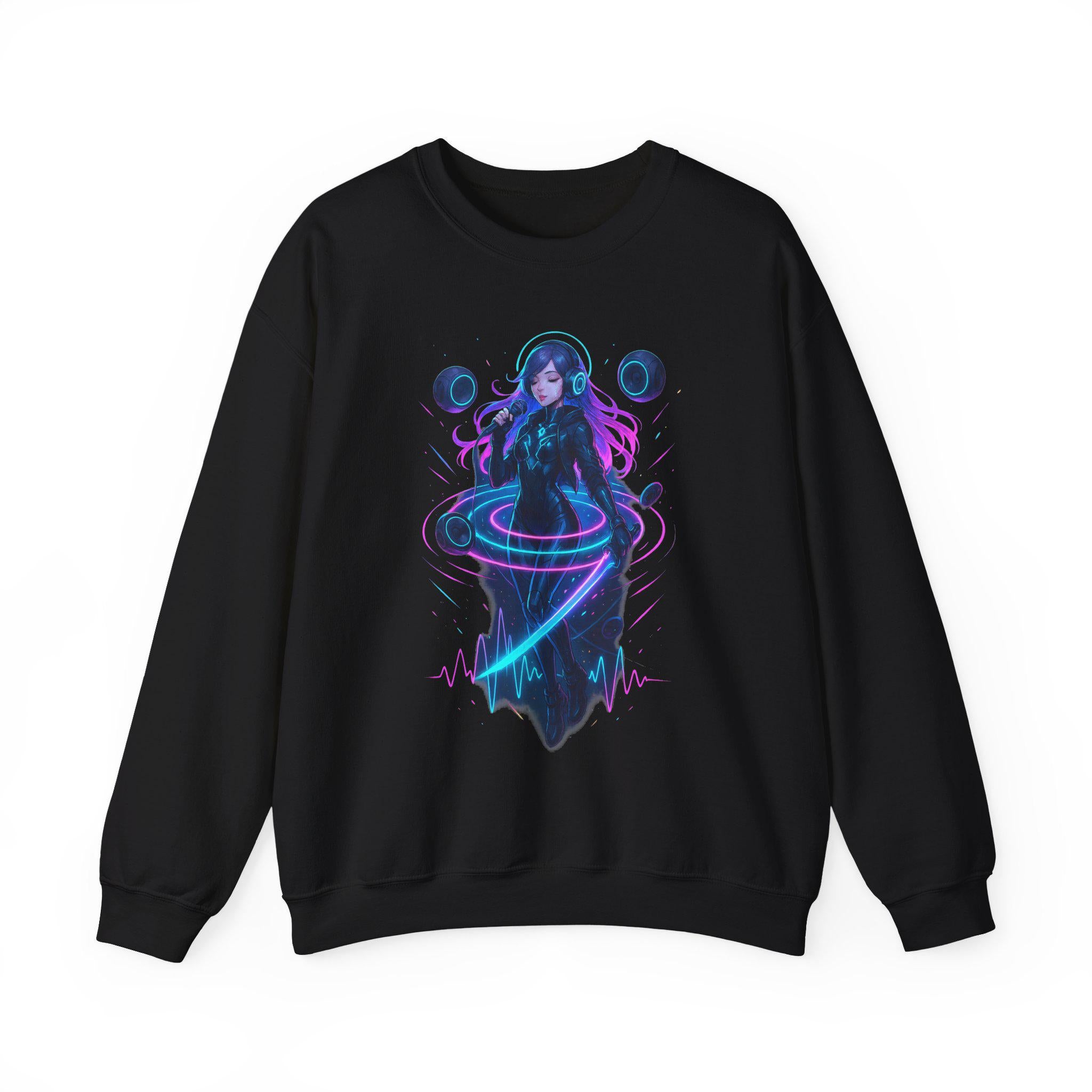 Cyberpunk DJ Girl Sweatshirt Neon Glow Streetwear Techwear Gift for Anime Lovers and Gamers