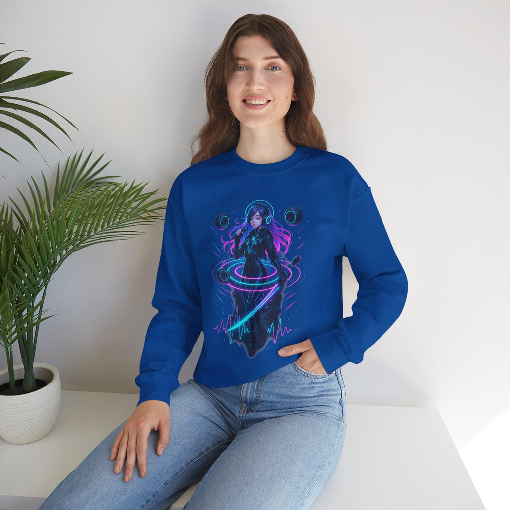 Cyberpunk DJ Girl Sweatshirt Neon Glow Streetwear Techwear Gift for Anime Lovers and Gamers