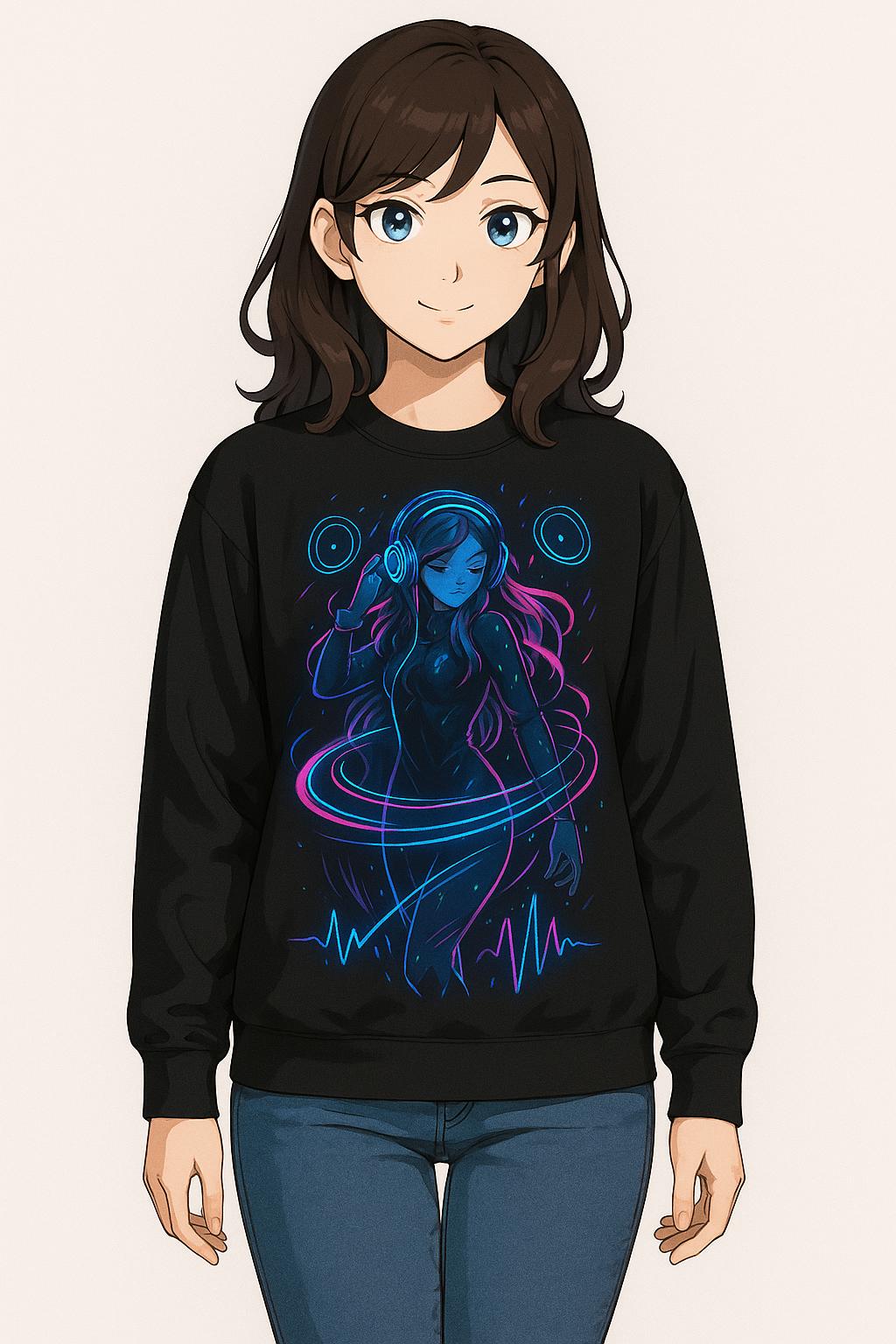 Cyberpunk DJ Girl Sweatshirt Neon Glow Streetwear Techwear Gift for Anime Lovers and Gamers