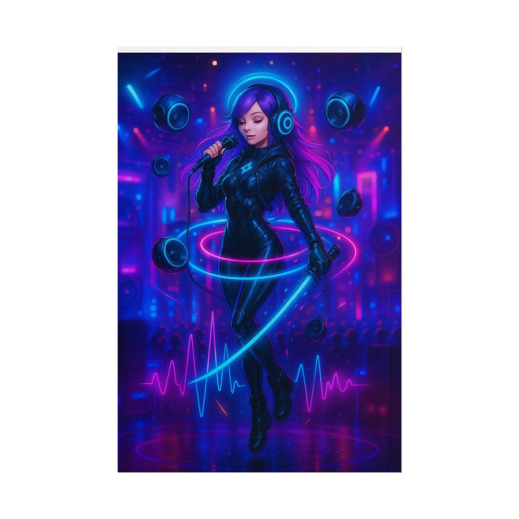 Cyberpunk DJ Girl Poster Neon Glow Wall Art Futuristic Anime Decor for Gamers and Techwear Lovers