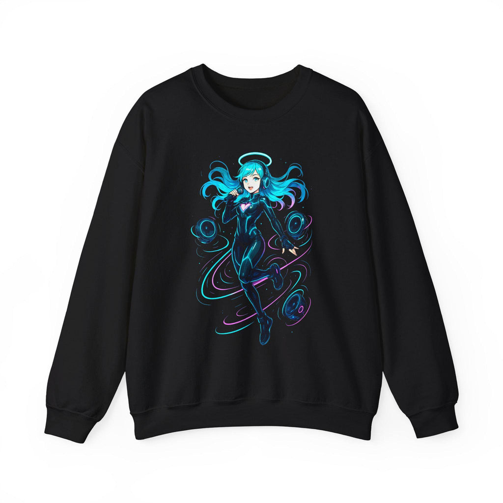 Cyberpunk DJ Girl Sweatshirt Blue Neon Anime Streetwear Futuristic Techwear Gift for Gamers and Music Lovers