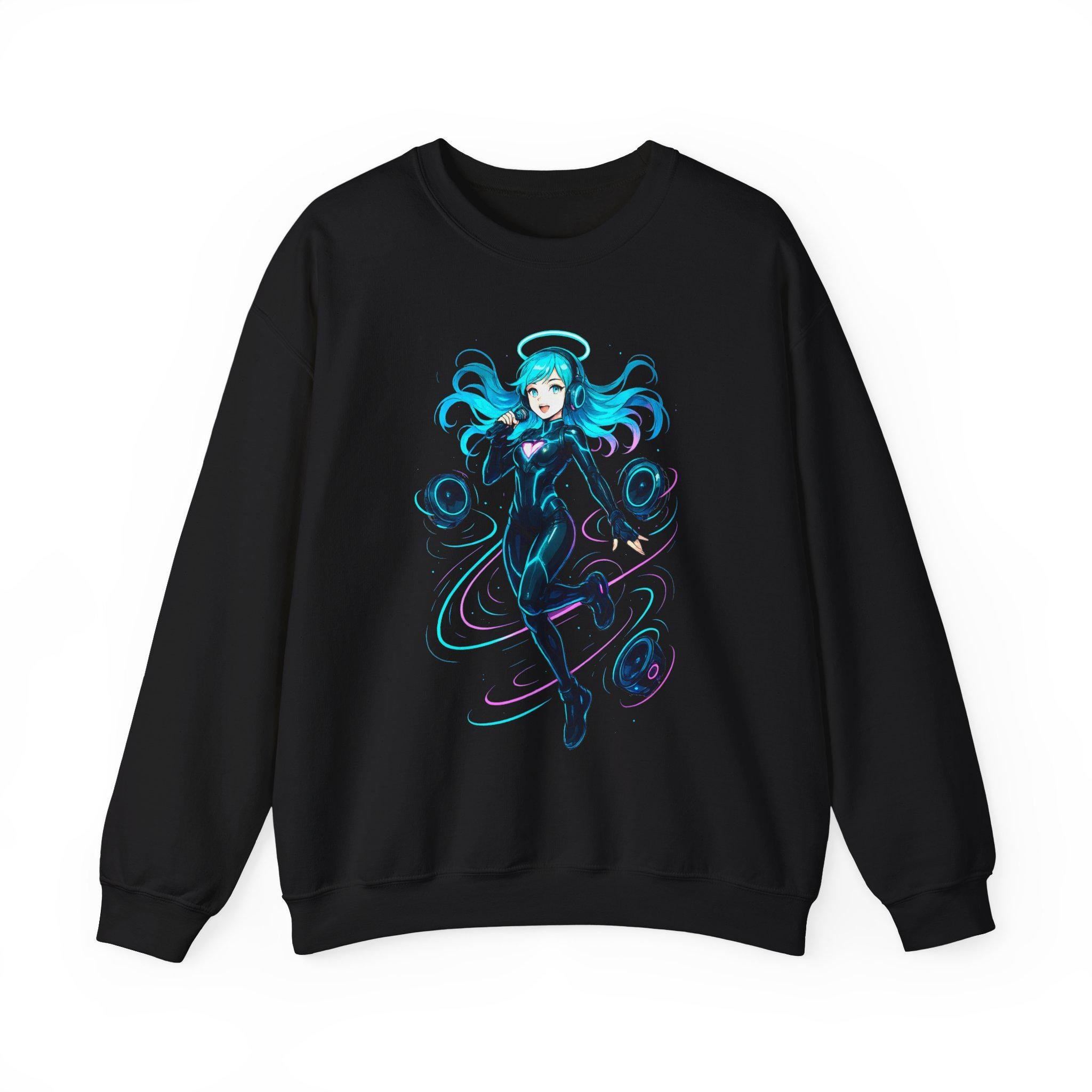 Cyberpunk DJ Girl Sweatshirt Blue Neon Anime Streetwear Futuristic Techwear Gift for Gamers and Music Lovers