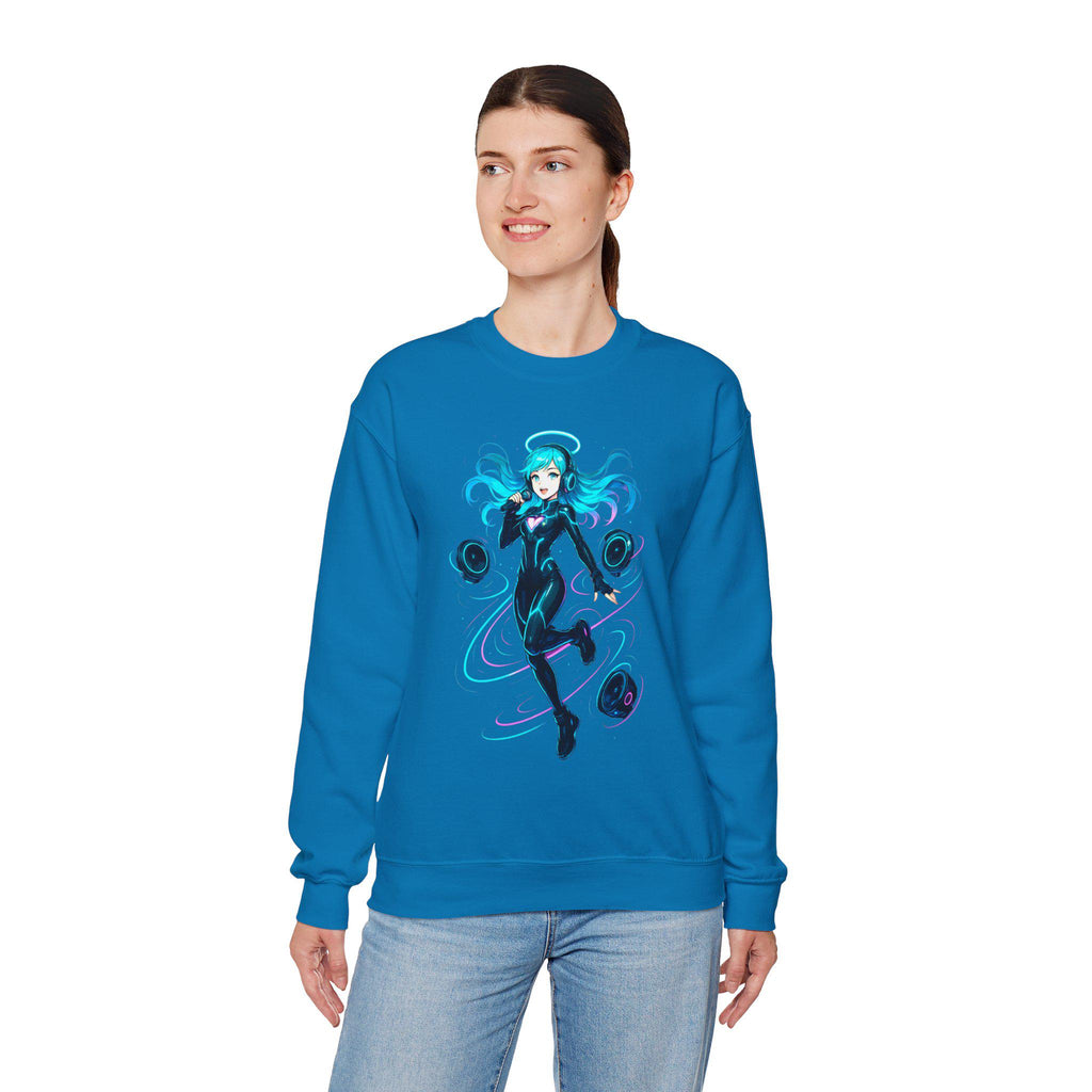 Cyberpunk DJ Girl Sweatshirt Blue Neon Anime Streetwear Futuristic Techwear Gift for Gamers and Music Lovers