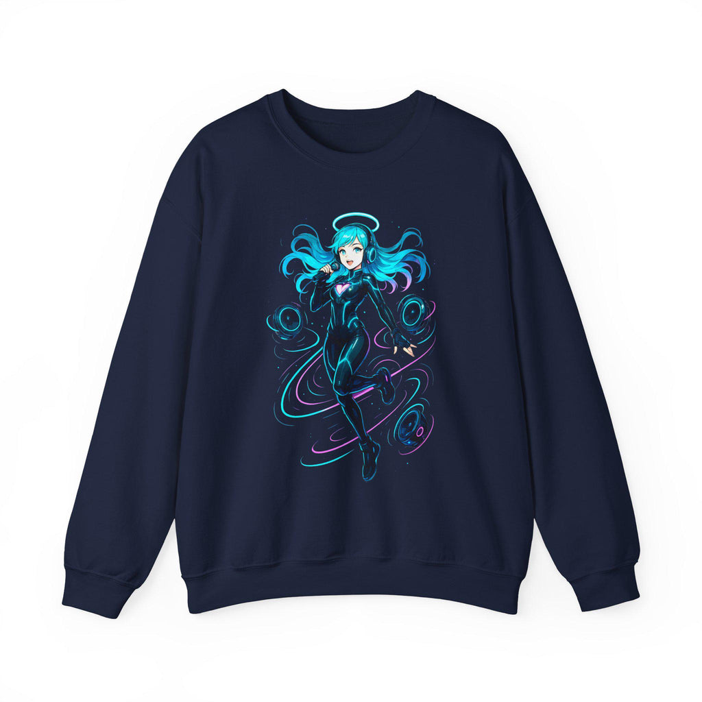 Cyberpunk DJ Girl Sweatshirt Blue Neon Anime Streetwear Futuristic Techwear Gift for Gamers and Music Lovers