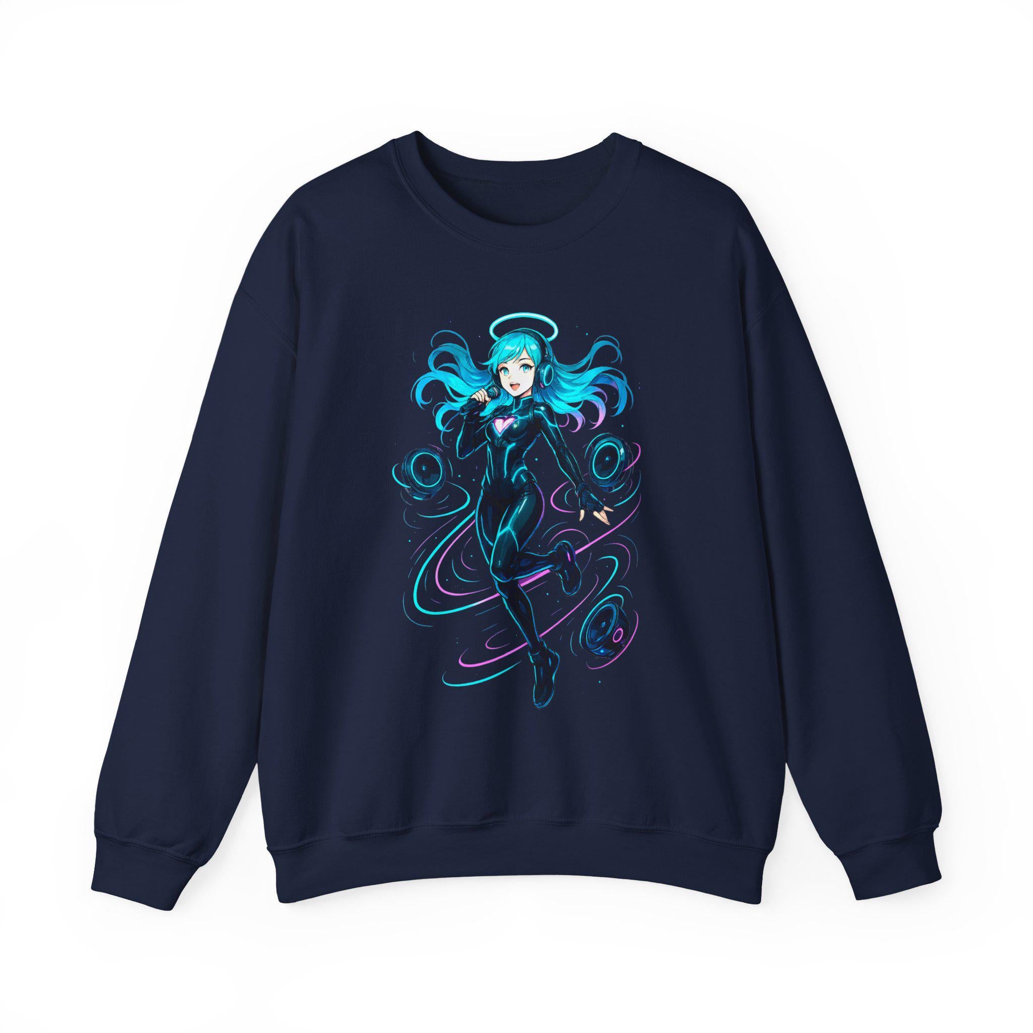 Cyberpunk DJ Girl Sweatshirt Blue Neon Anime Streetwear Futuristic Techwear Gift for Gamers and Music Lovers