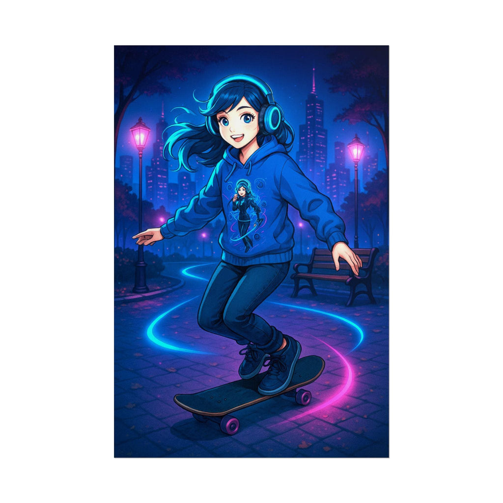 DJ Skater Girl Poster Neon City Art Print Futuristic Anime Wall Decor for Gamers and Music Lovers