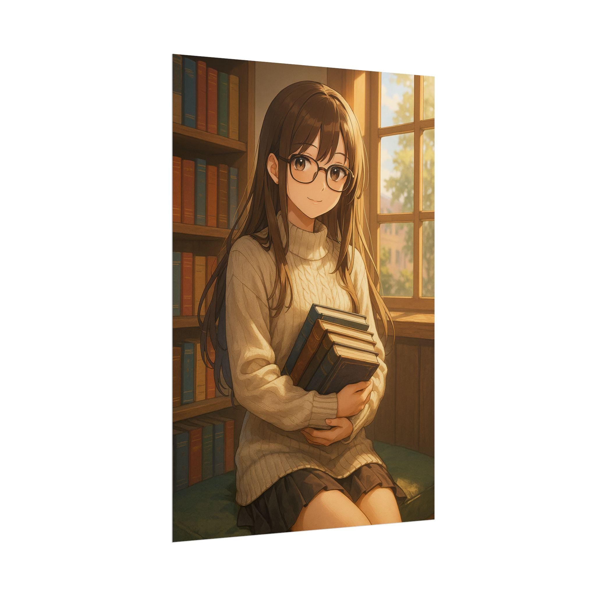 Anime Girl Poster, Bookworm Wall Art Print, Cozy Library Aesthetic, Japanese Anime Decor, Gift for Manga Lovers and Otaku Fans