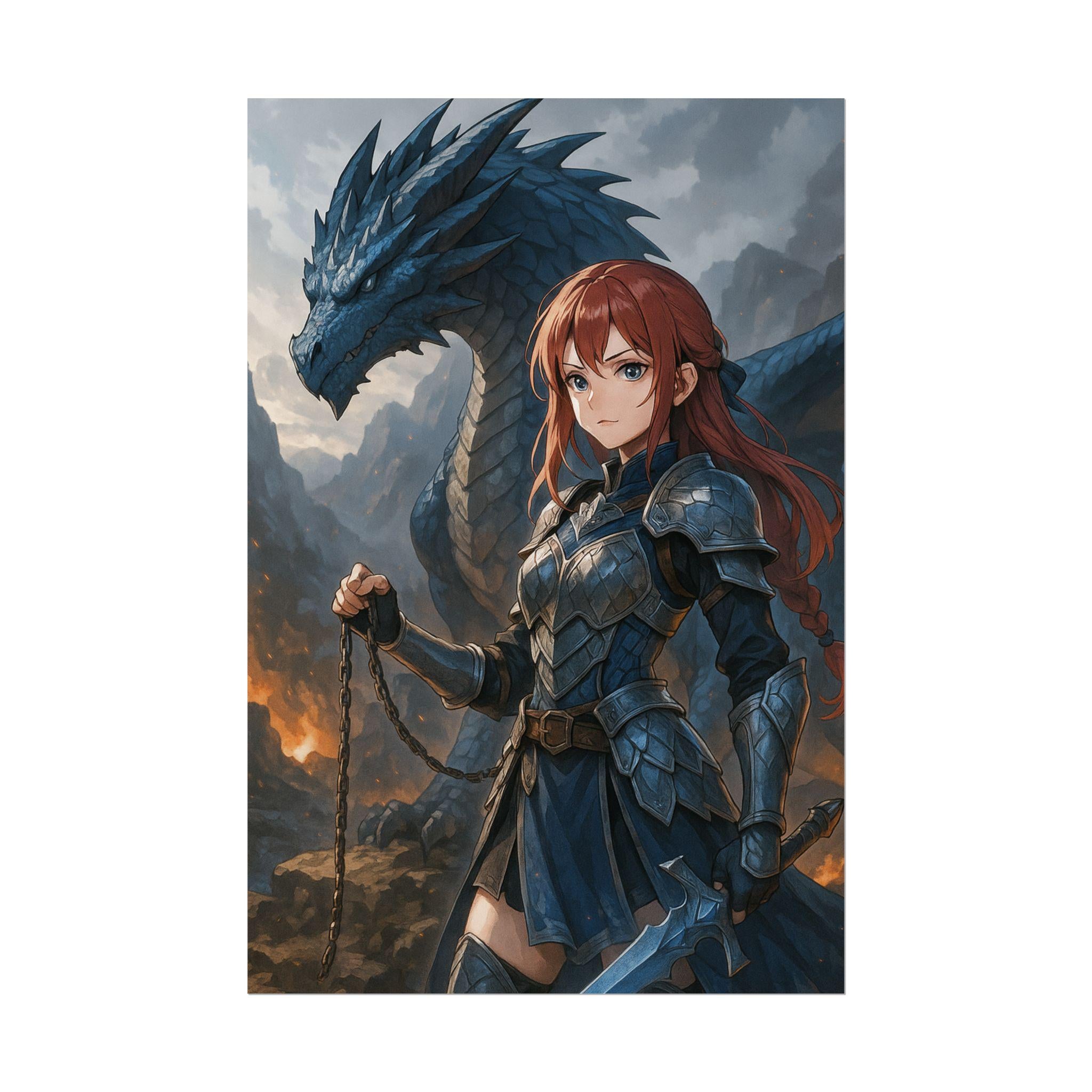 Anime Dragon Poster: Warrior Girl Fantasy Art Print